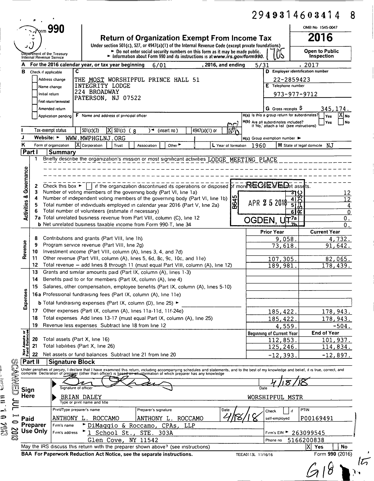 Image of first page of 2016 Form 990O for The Most Worshipful Prince Hall 51 Integrity Lodge