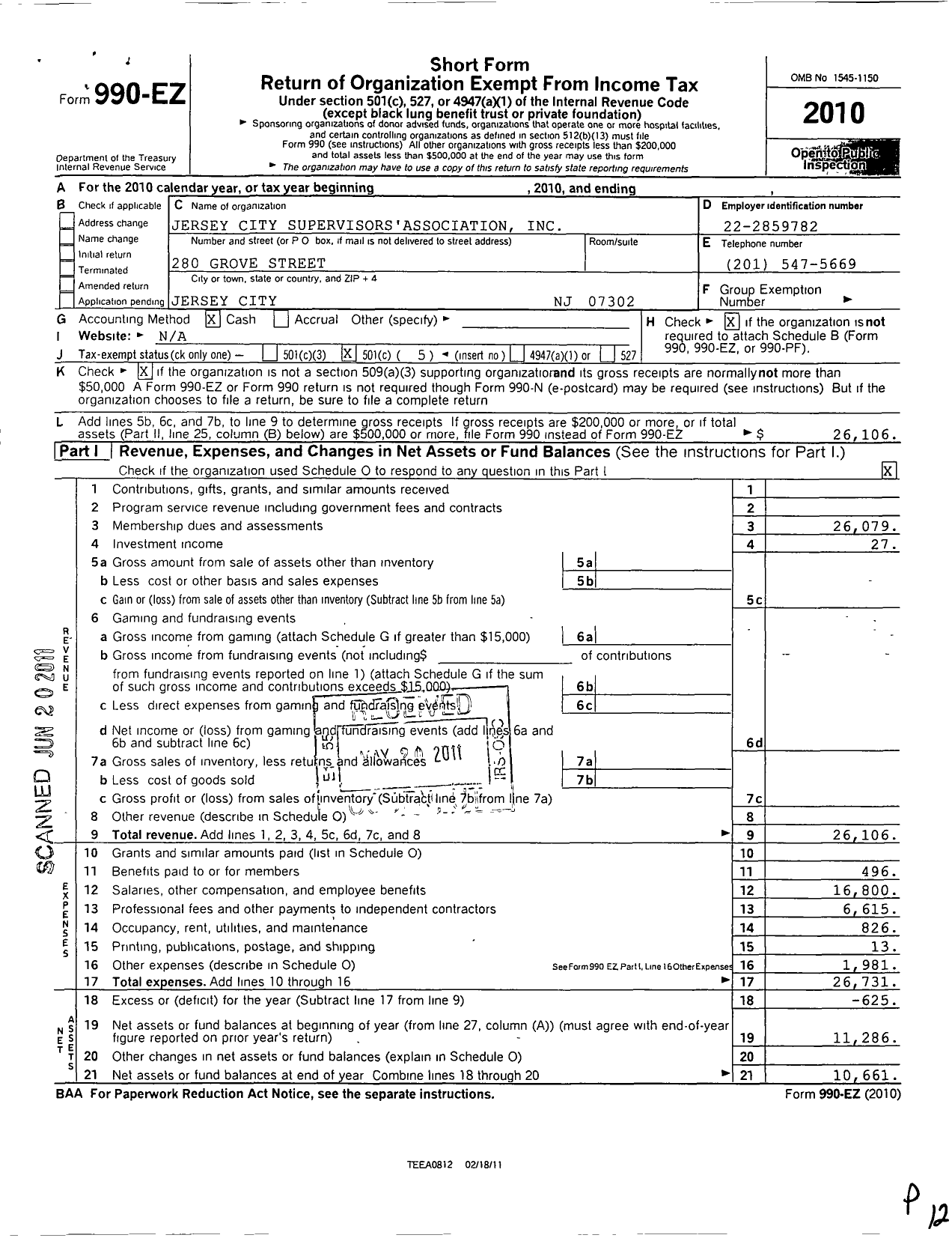 Image of first page of 2010 Form 990EO for Jersey City Supervisors Association