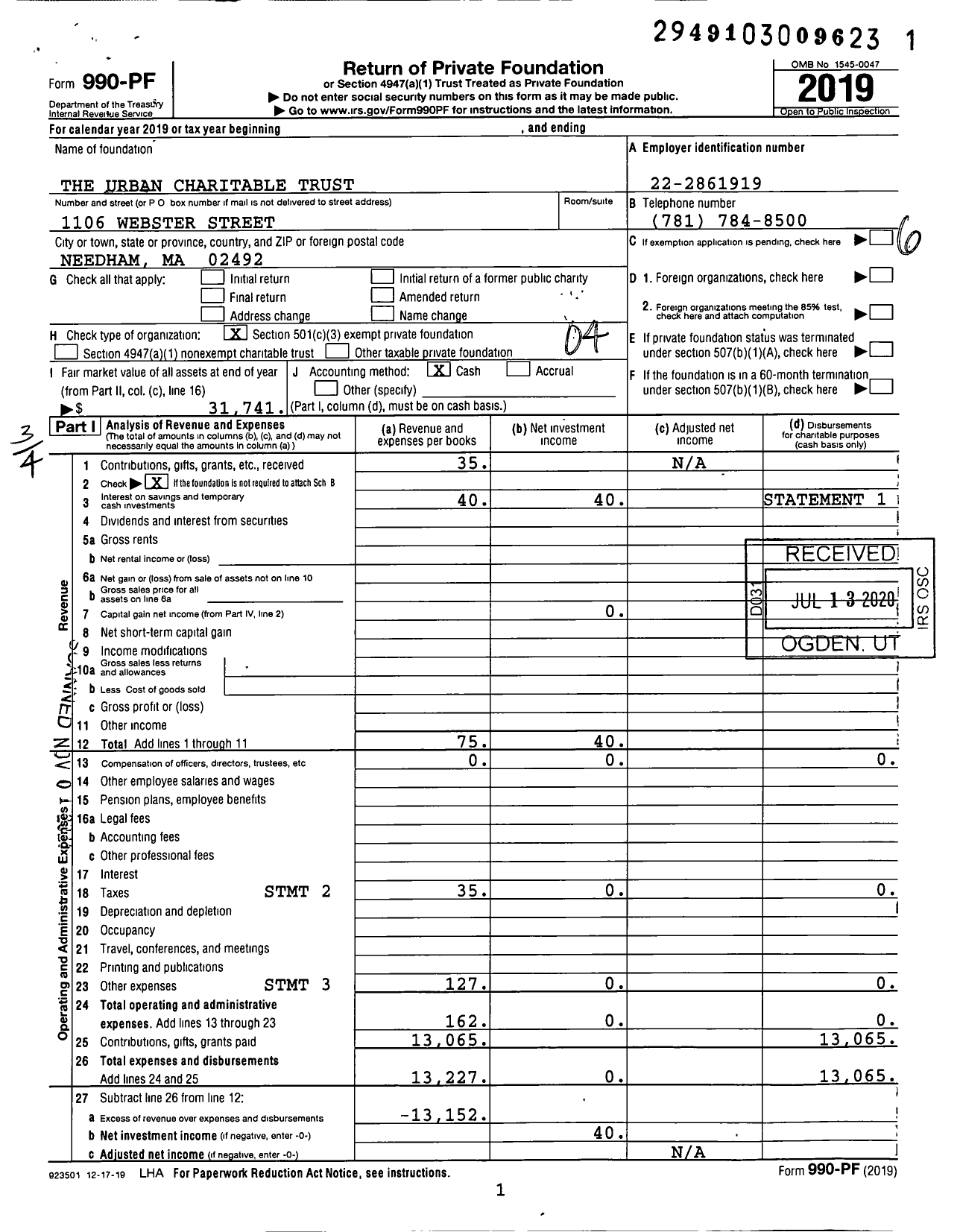 Image of first page of 2019 Form 990PF for The Urban Charitable Trust