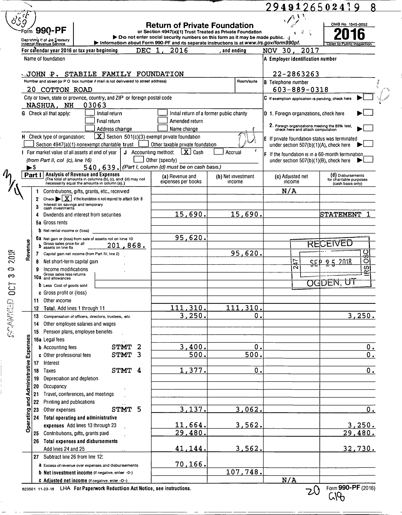 Image of first page of 2016 Form 990PF for John P Stabile Family Foundation