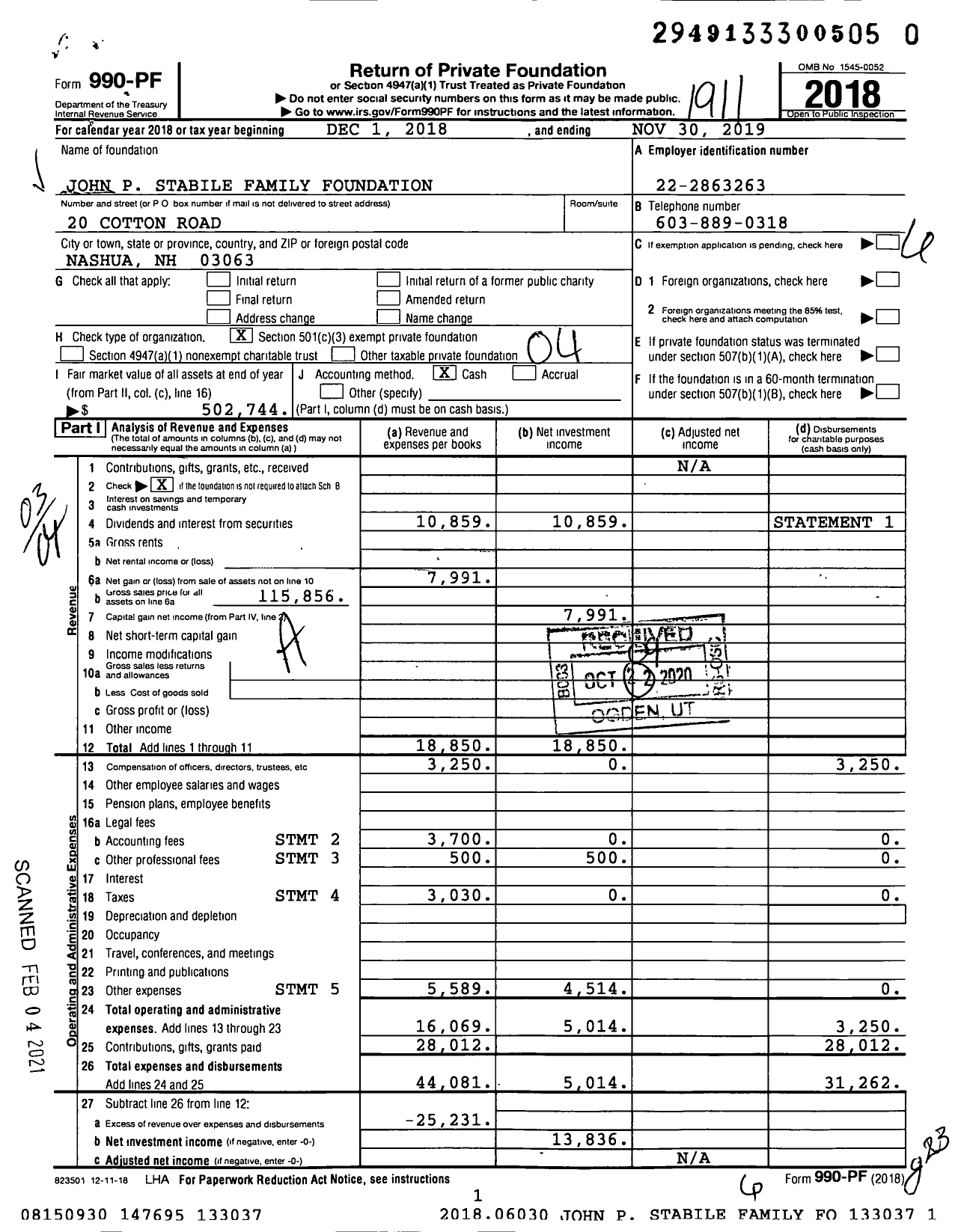 Image of first page of 2018 Form 990PF for John P Stabile Family Foundation