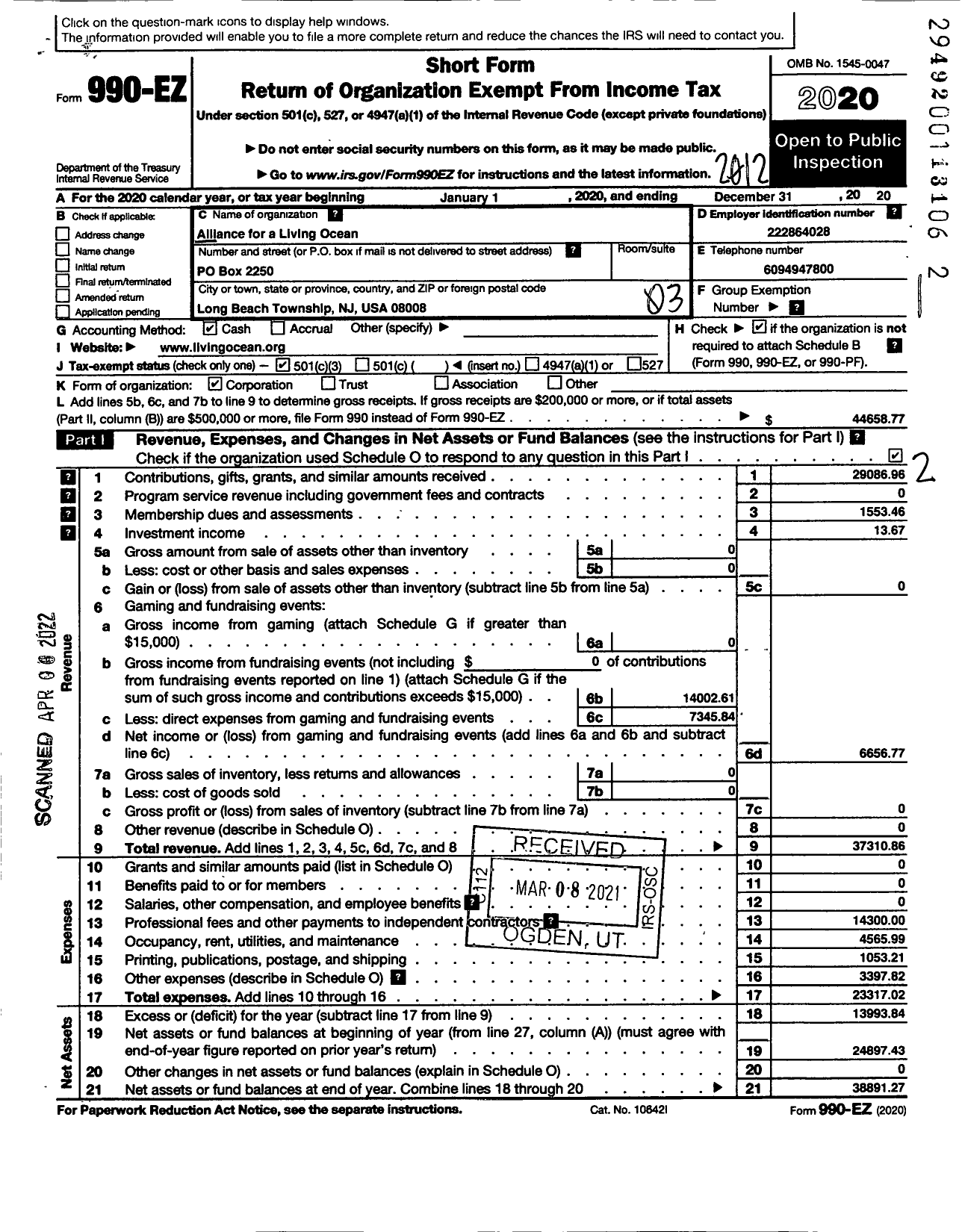 Image of first page of 2020 Form 990EZ for Alliance for A Living Ocean