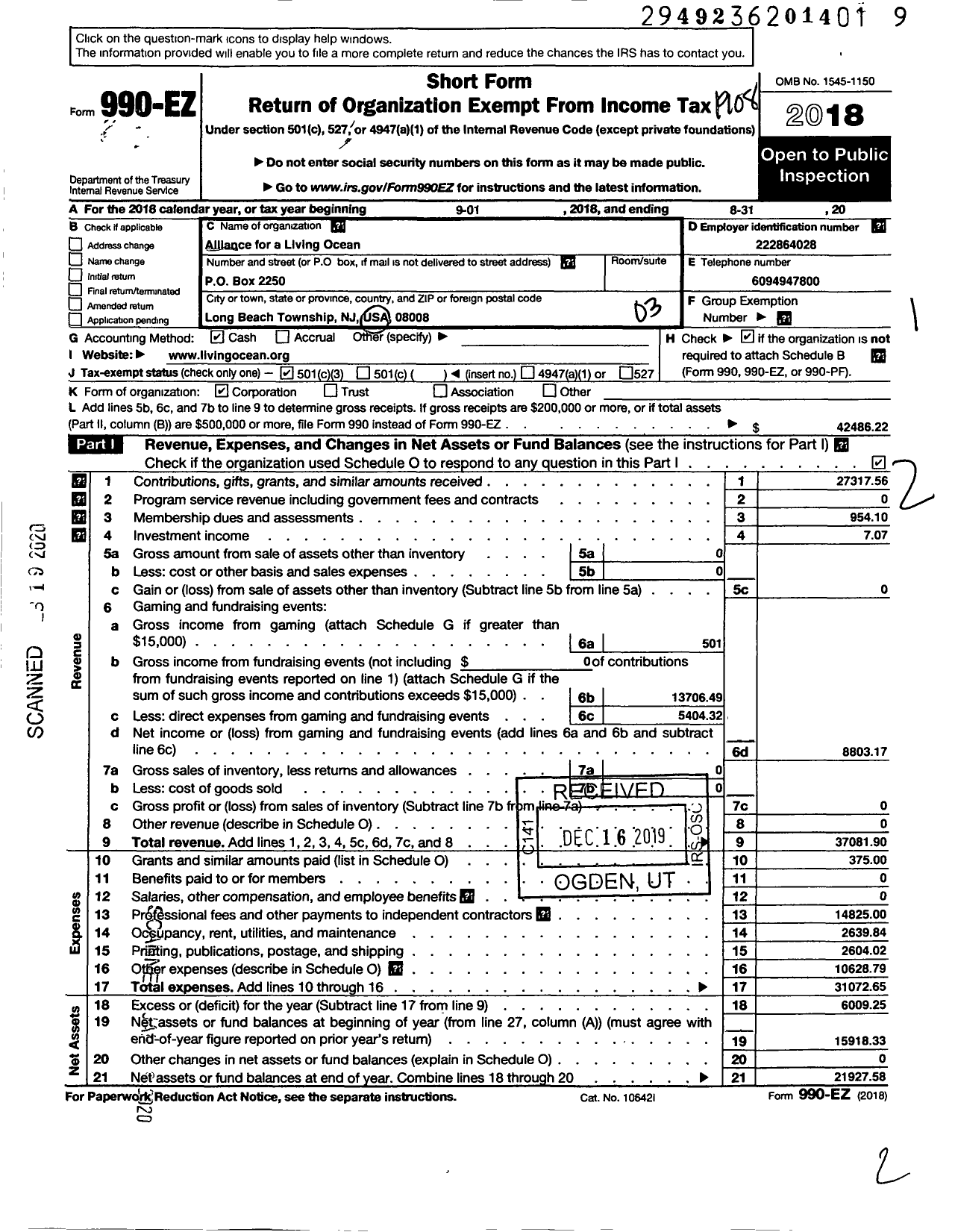 Image of first page of 2018 Form 990EZ for Alliance for A Living Ocean