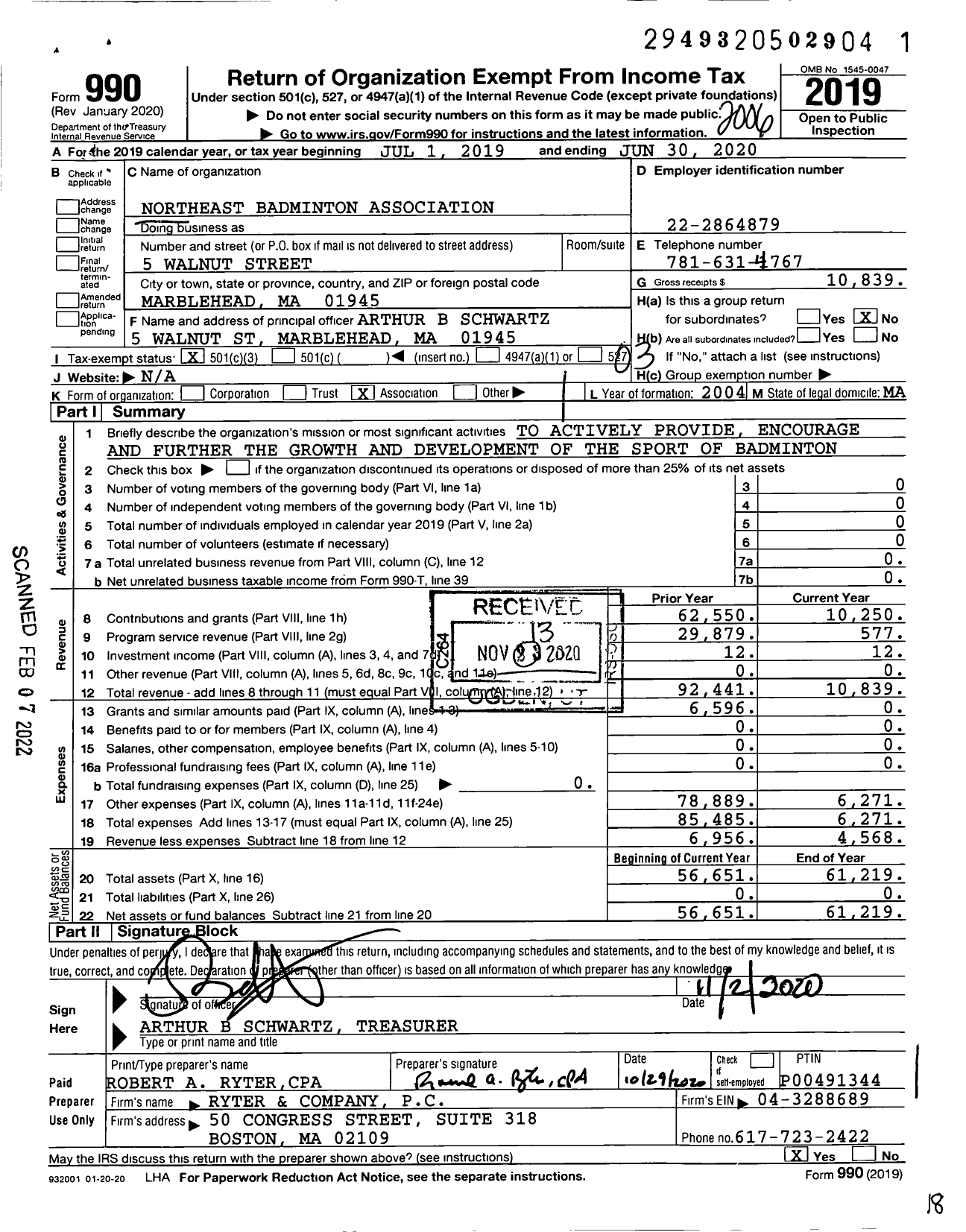 Image of first page of 2019 Form 990 for Northeast Badminton Association