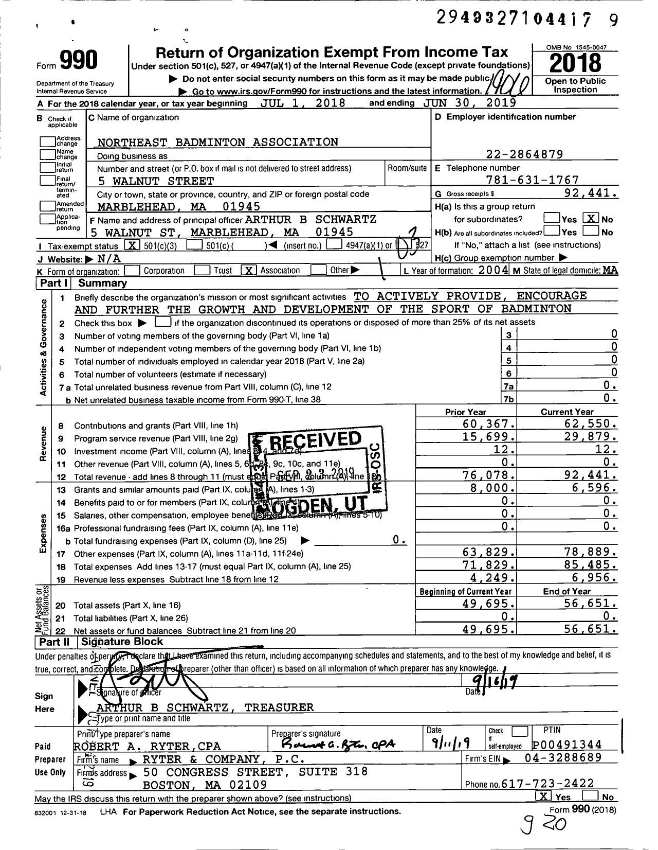 Image of first page of 2018 Form 990 for Northeast Badminton Association