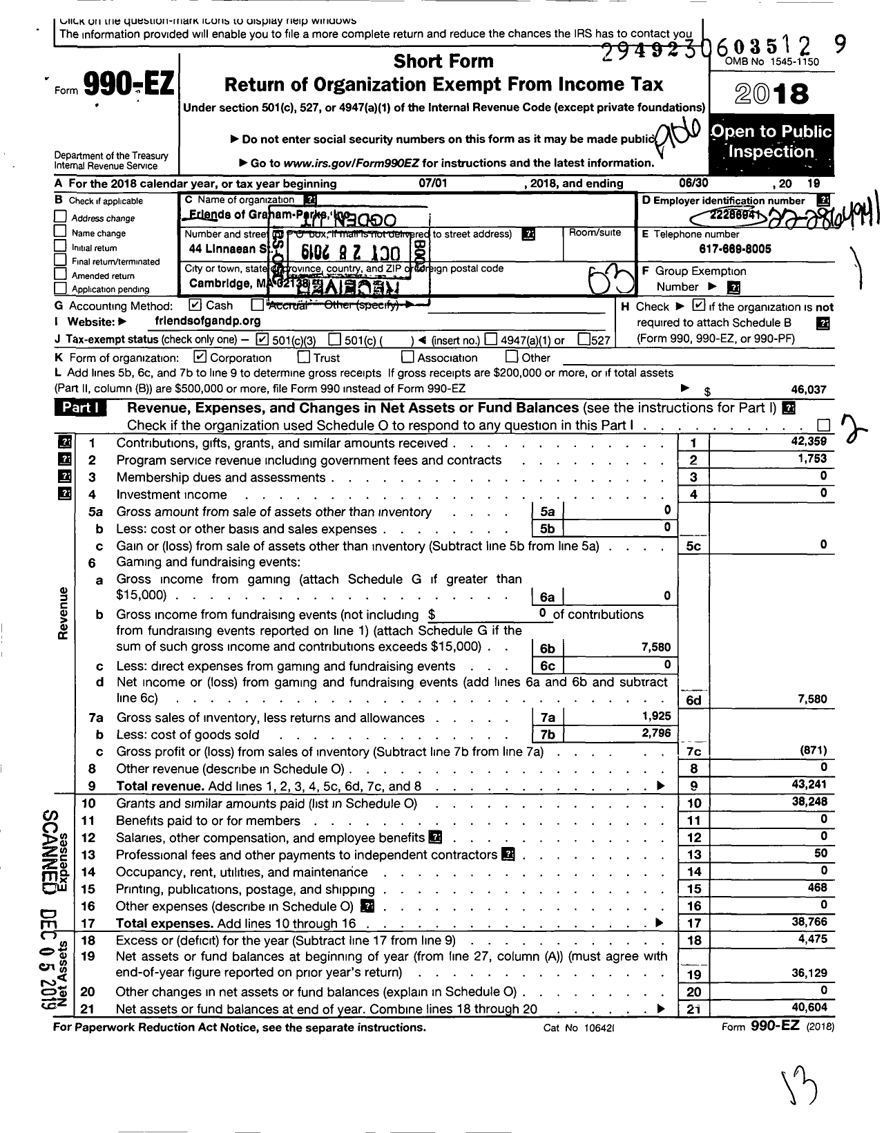 Image of first page of 2018 Form 990EZ for Friends of Graham and Parks