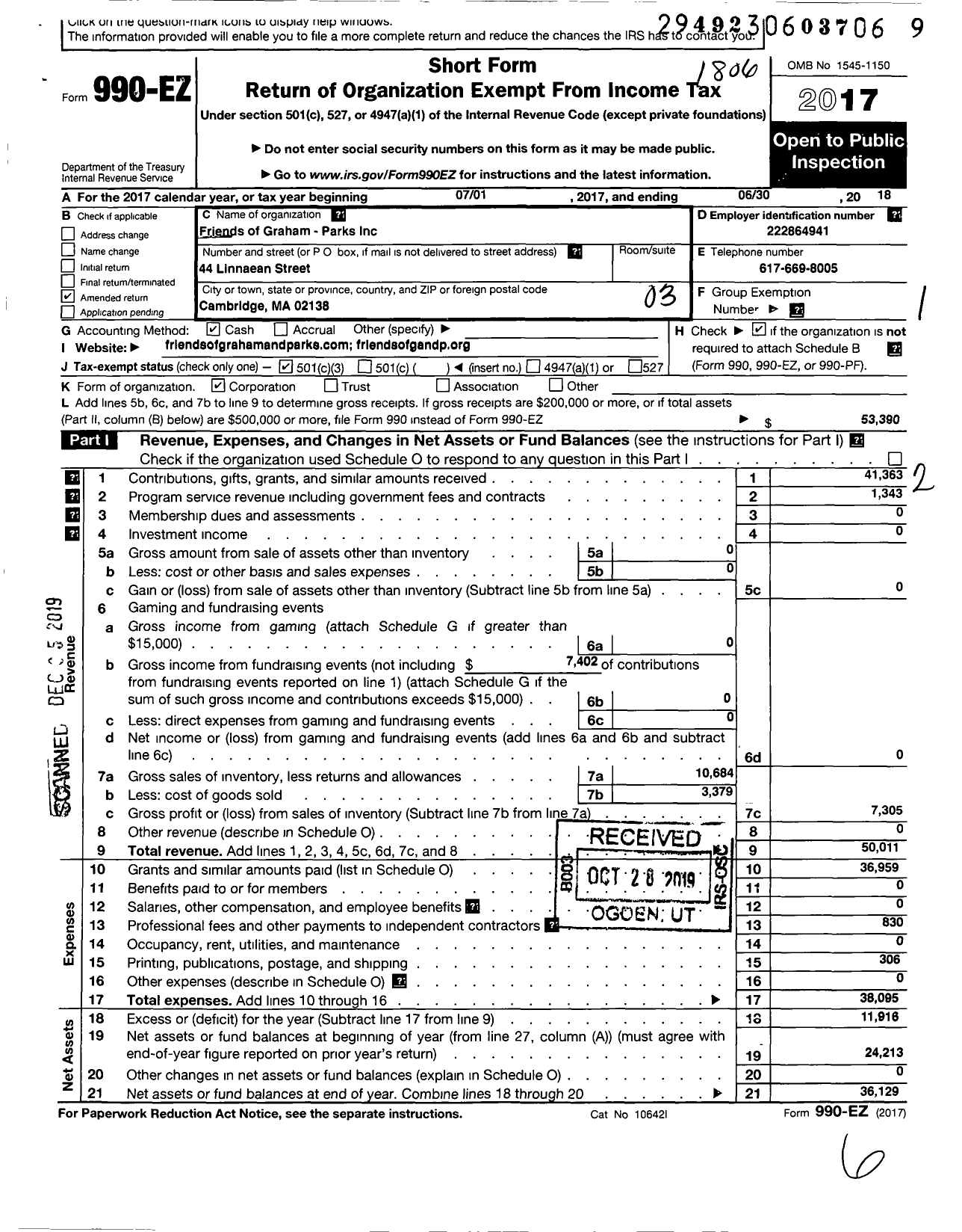 Image of first page of 2017 Form 990EZ for Friends of Graham and Parks