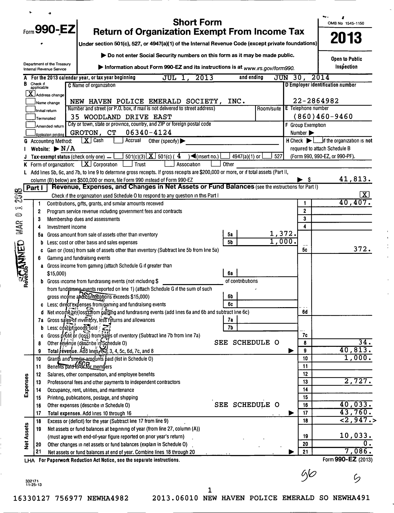 Image of first page of 2013 Form 990EO for New Haven Police Emerald Society