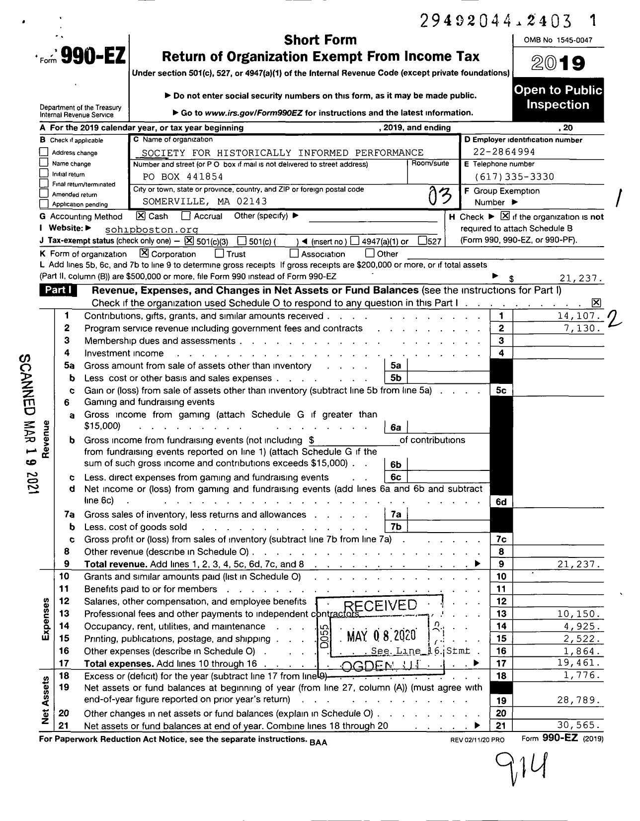 Image of first page of 2019 Form 990EZ for Society for Historically Informed Performance