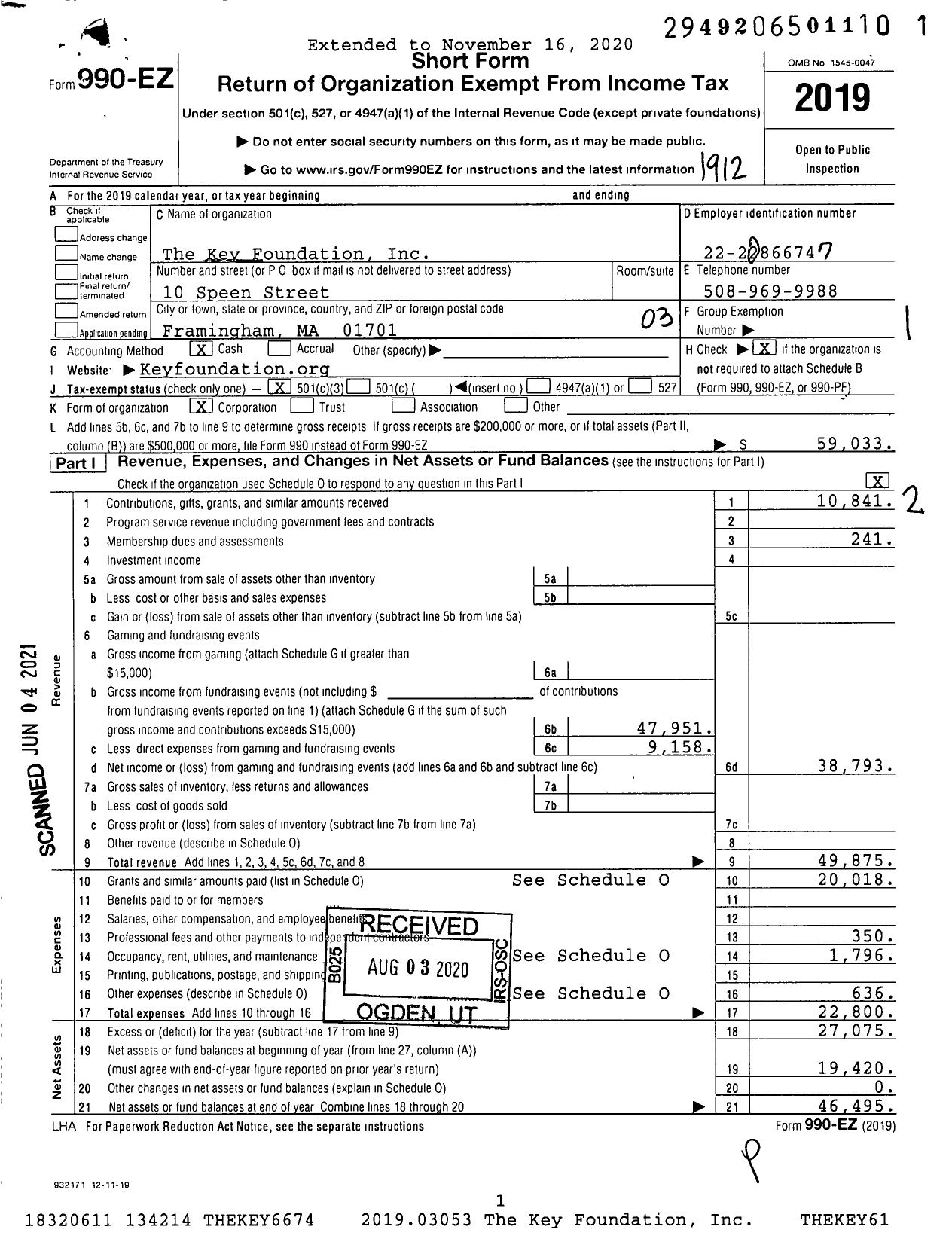 Image of first page of 2019 Form 990EZ for The Key Foundation