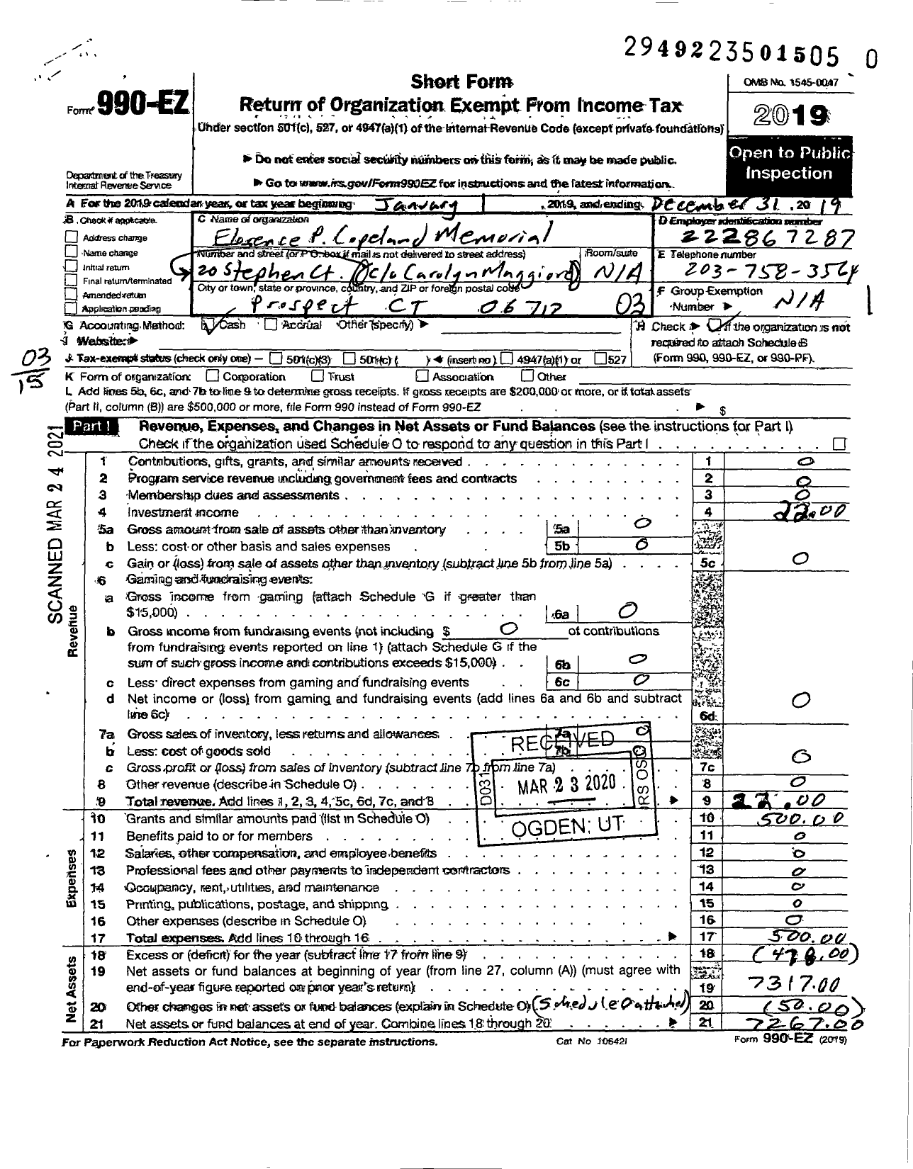 Image of first page of 2019 Form 990EZ for Florence P Copeland Memorial