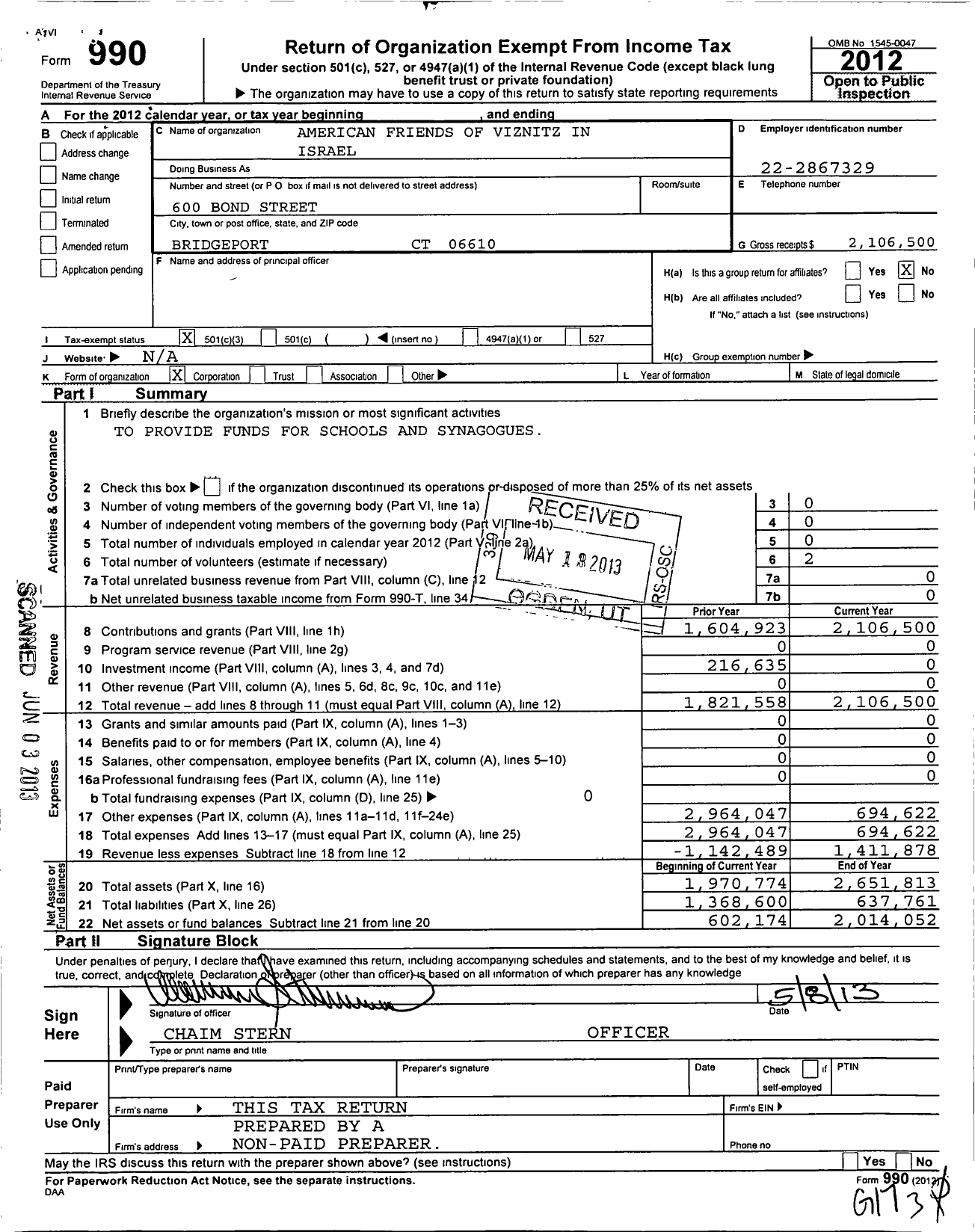 Image of first page of 2012 Form 990 for American Friends of Viznitz in Israel