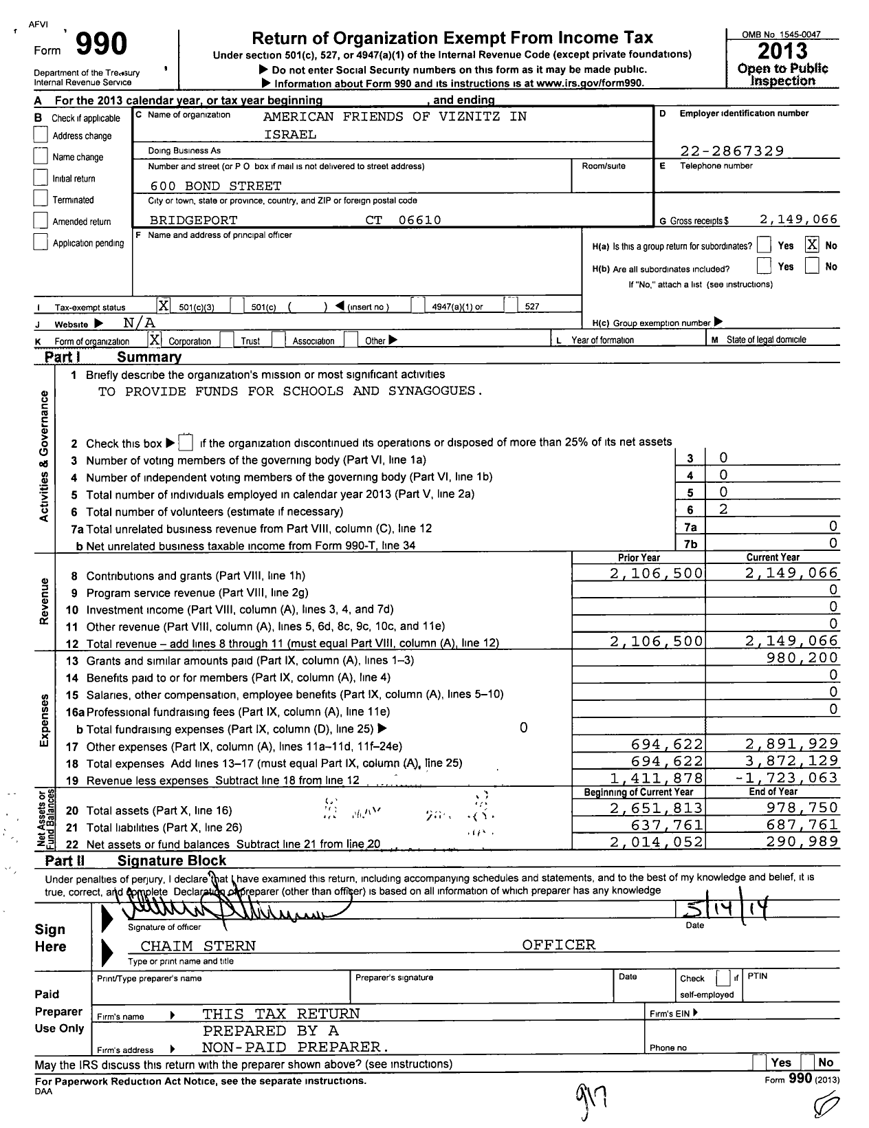 Image of first page of 2013 Form 990 for American Friends of Viznitz in Israel