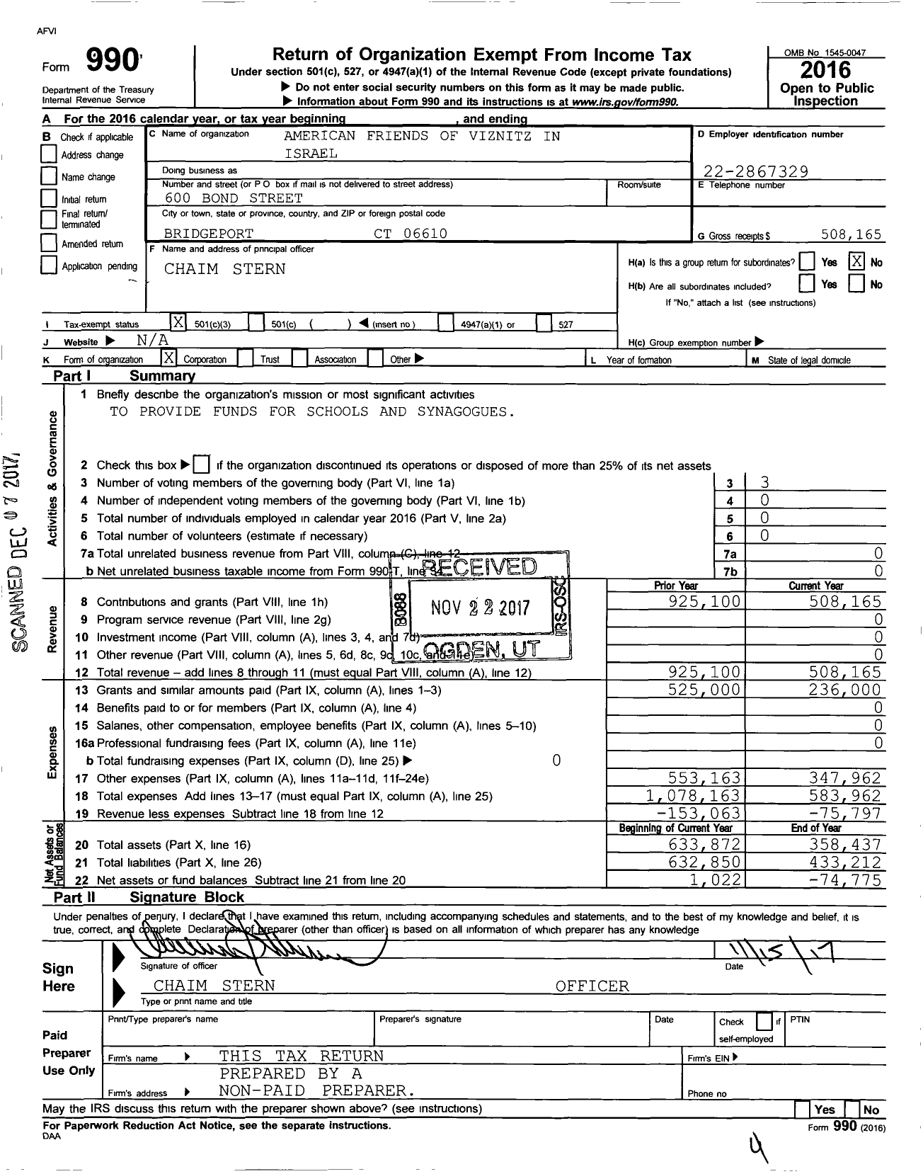 Image of first page of 2016 Form 990 for American Friends of Viznitz in Israel