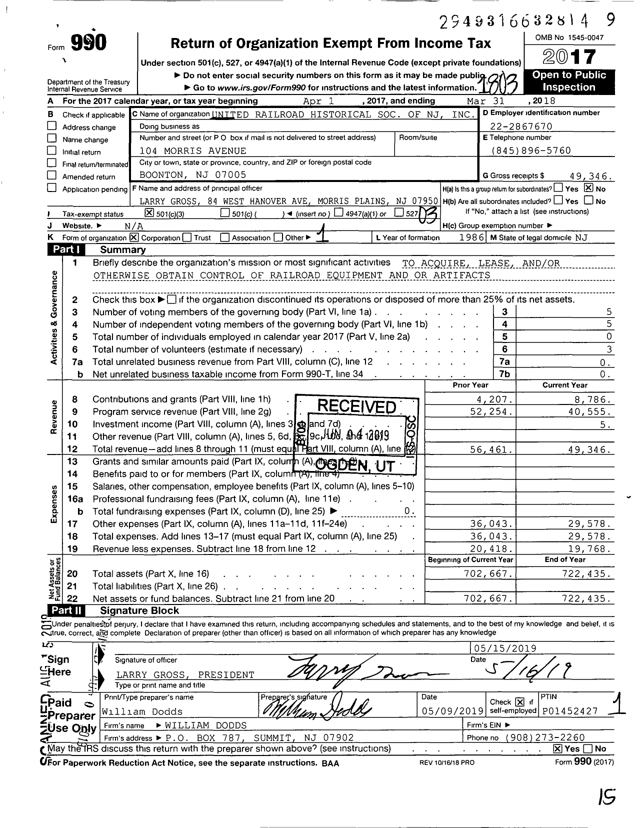 Image of first page of 2017 Form 990 for United Railroad Historical Society of NJ