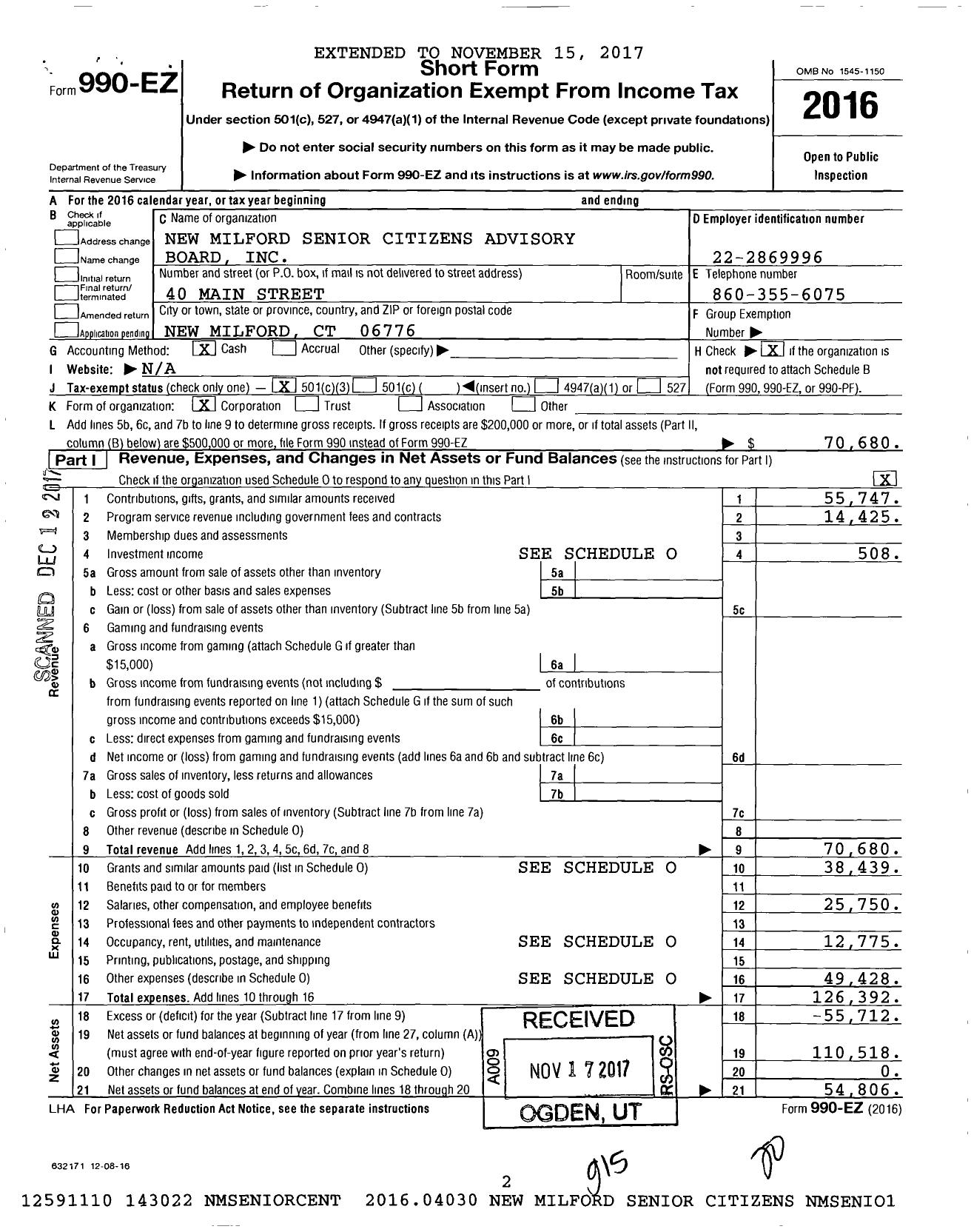 Image of first page of 2016 Form 990EZ for New Milford Senior Citizens Advisory Board