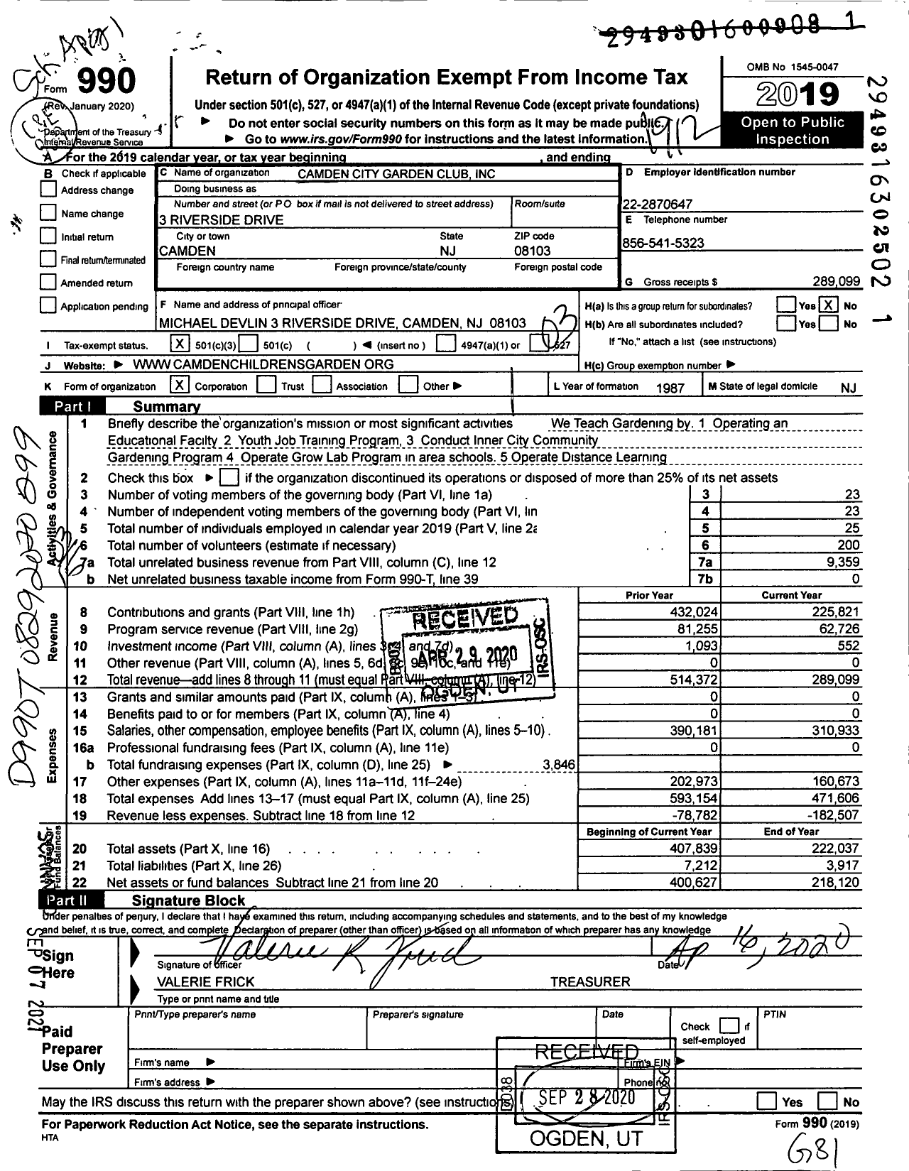 Image of first page of 2019 Form 990 for Camden City Garden Club