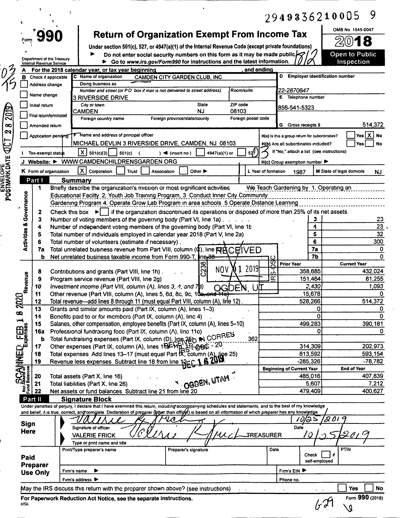 Image of first page of 2018 Form 990 for Camden City Garden Club