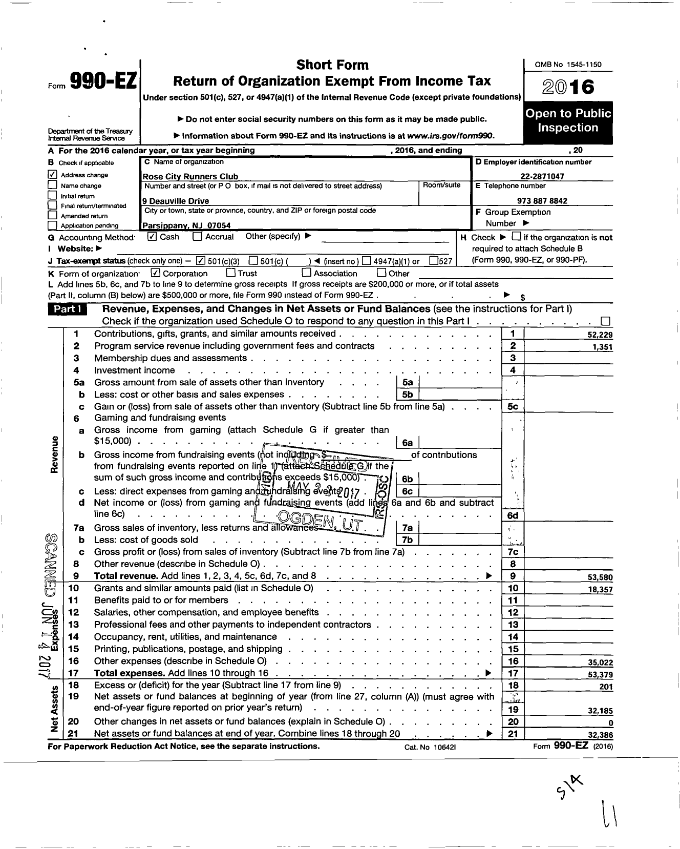 Image of first page of 2016 Form 990EZ for Road Runners Club of America