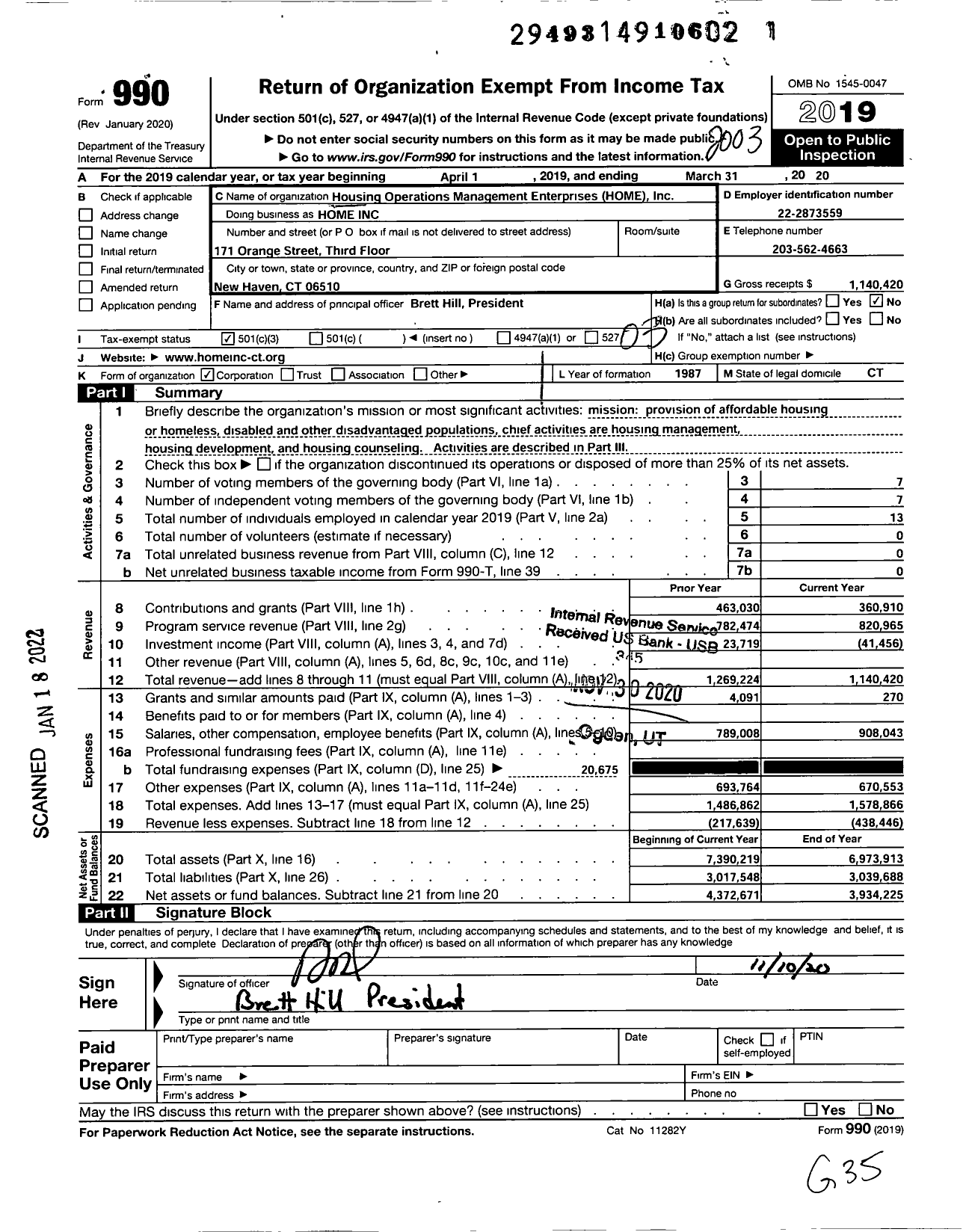 Image of first page of 2019 Form 990 for Housing Operations Management Enterprises (HOME)