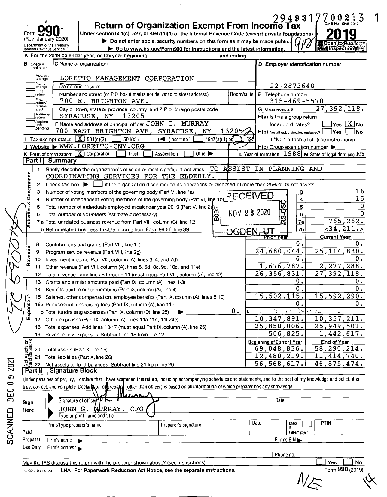 Image of first page of 2019 Form 990 for Loretto Management Corporation