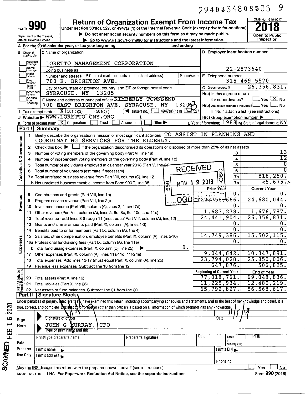 Image of first page of 2018 Form 990 for Loretto Management Corporation