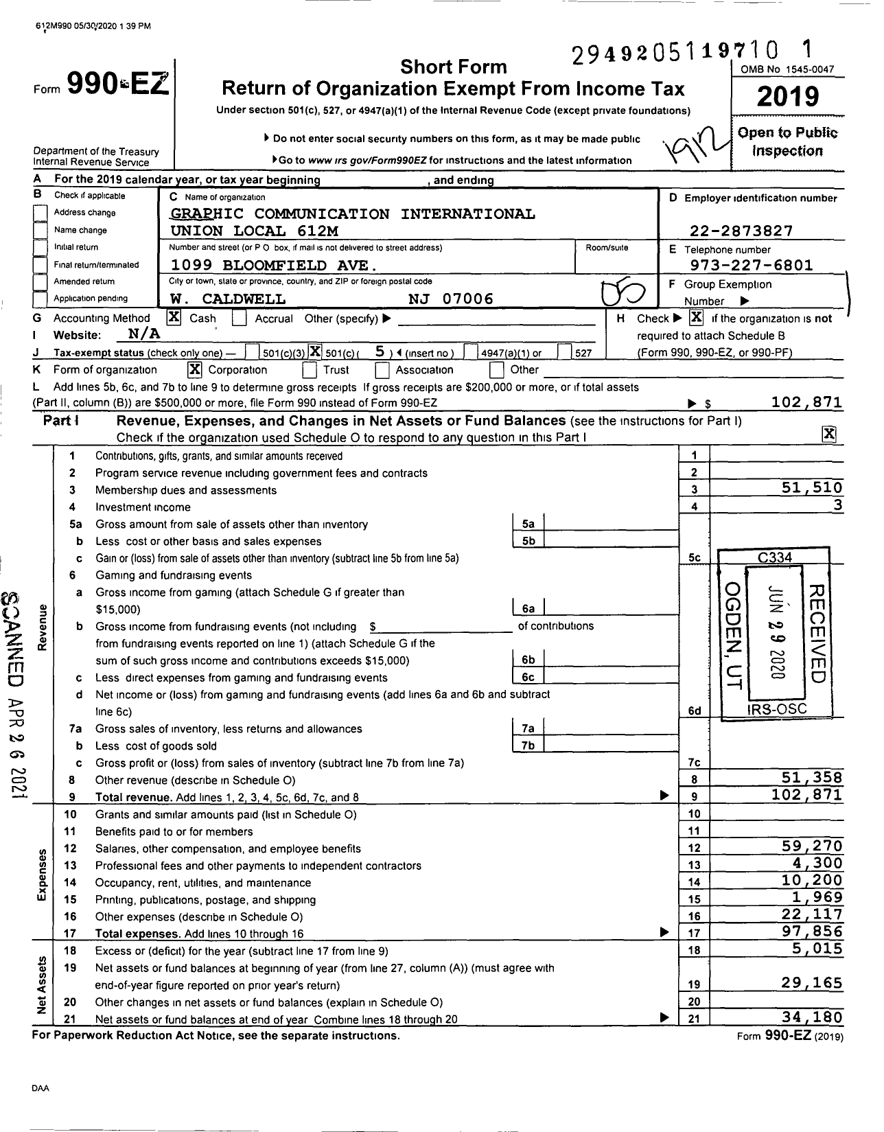 Image of first page of 2019 Form 990EO for Graphic Communications Conference - 612-m West Caldwell NJ