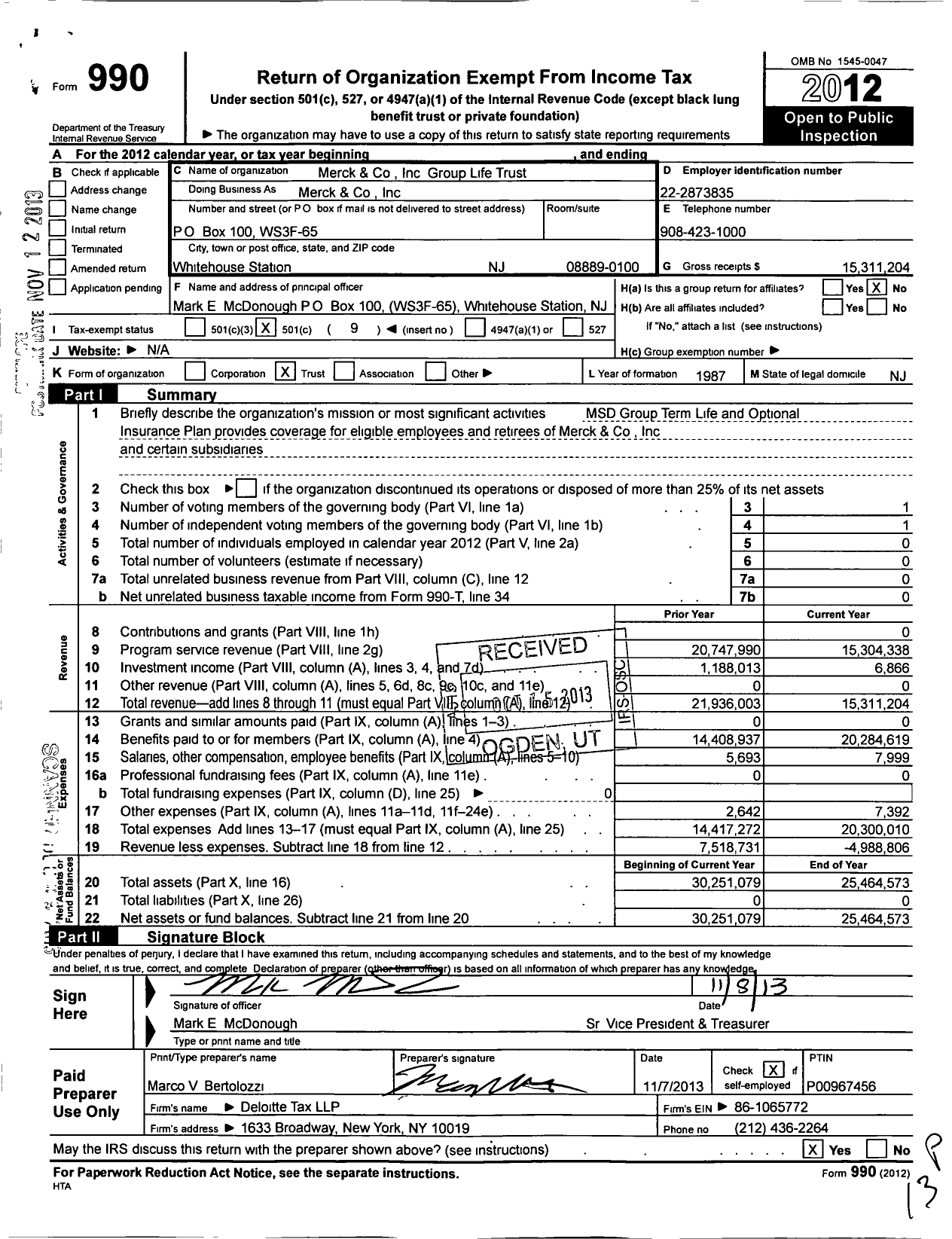 Image of first page of 2012 Form 990O for Merck and Group Life Trust