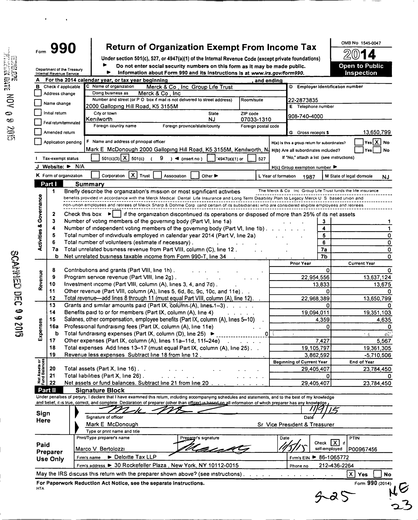 Image of first page of 2014 Form 990O for Merck and Group Life Trust