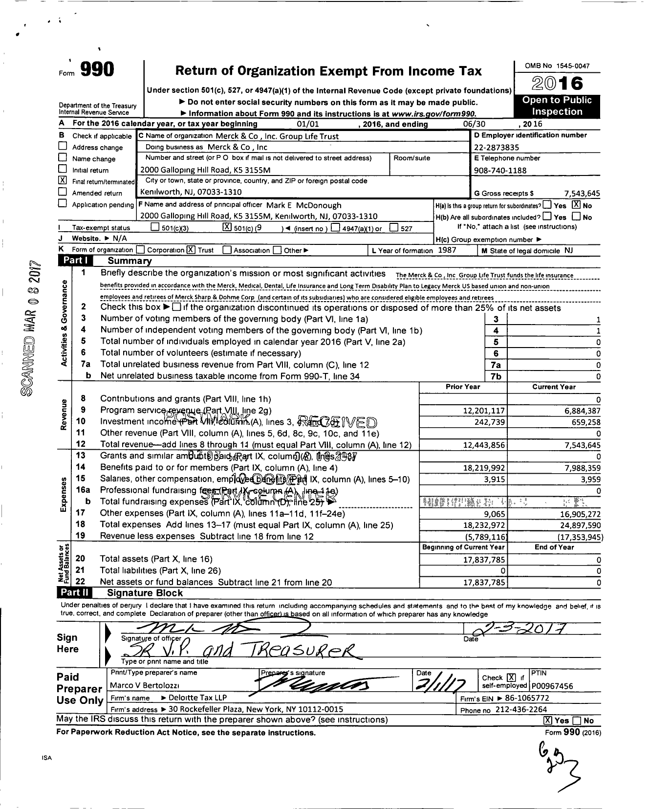 Image of first page of 2015 Form 990O for Merck and Group Life Trust