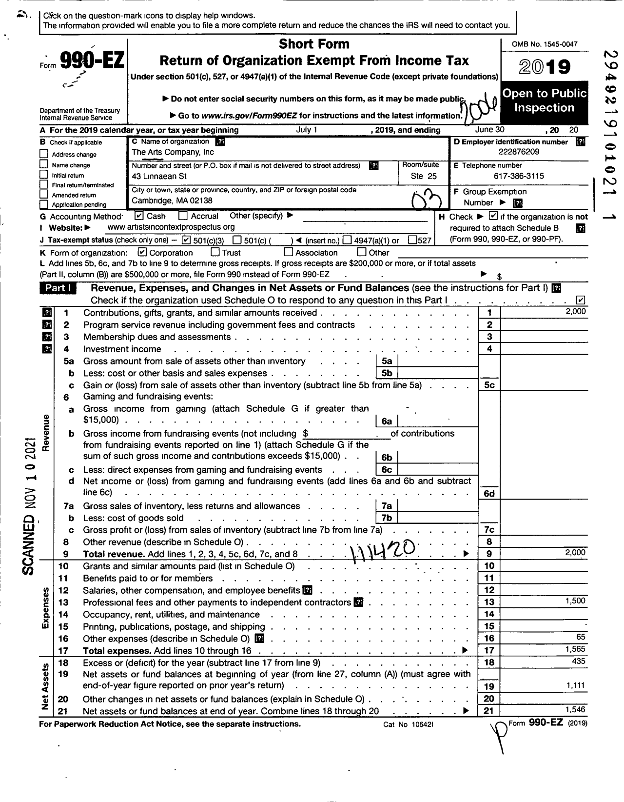 Image of first page of 2019 Form 990EZ for Arts Company