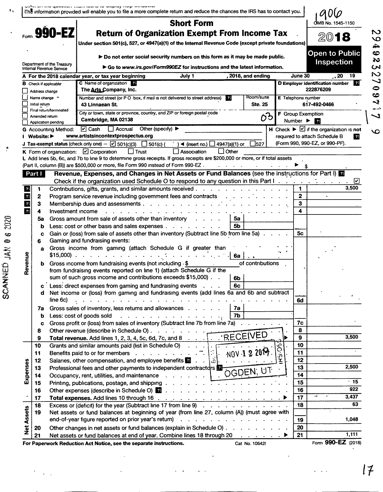 Image of first page of 2018 Form 990EZ for Arts Company