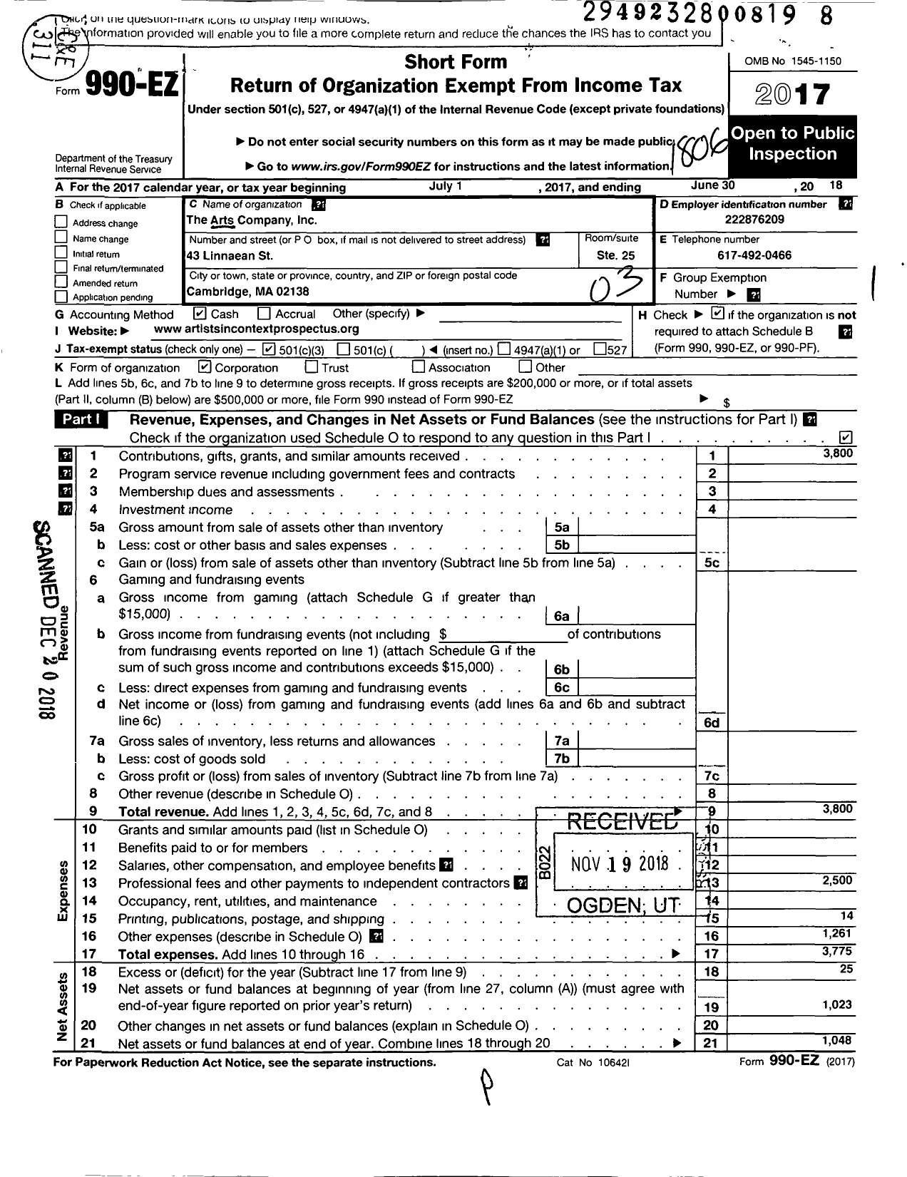 Image of first page of 2017 Form 990EZ for Arts Company