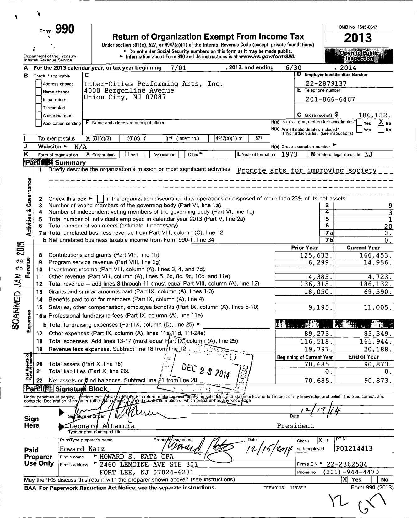 Image of first page of 2013 Form 990 for Inter-Cities Performing Arts