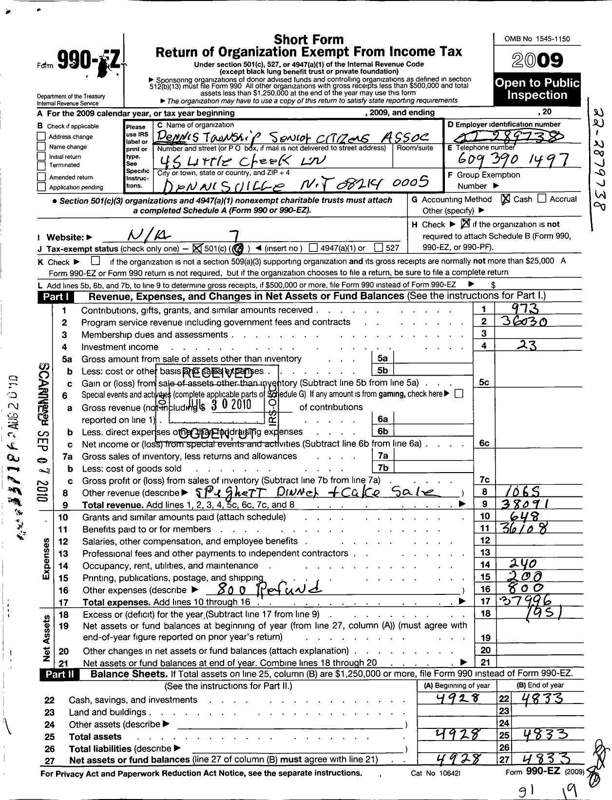 Image of first page of 2009 Form 990EO for Dennis Township Senior Citizen Association