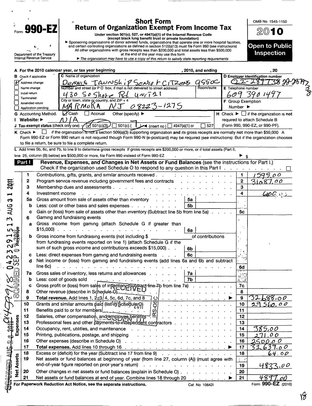 Image of first page of 2010 Form 990EO for Dennis Township Senior Citizen Association