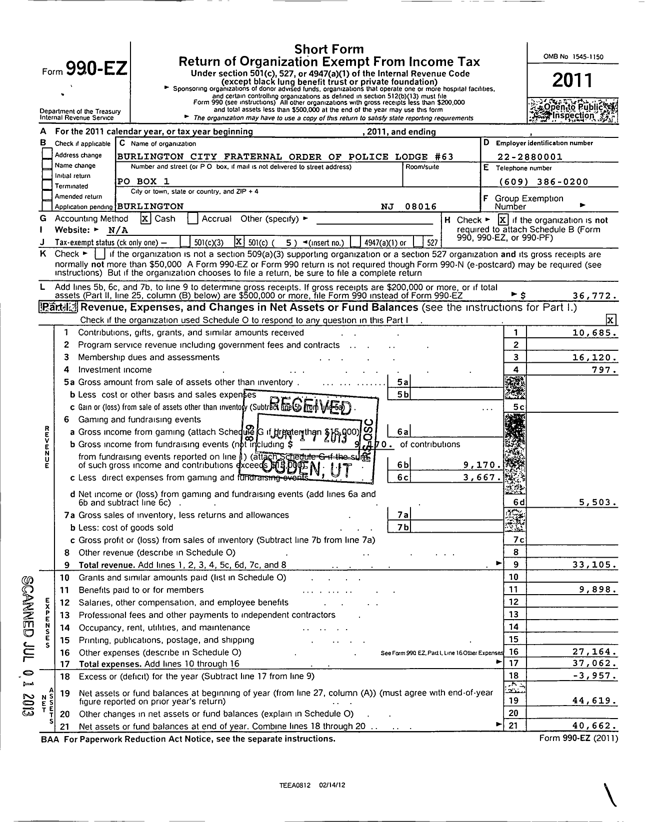 Image of first page of 2011 Form 990EO for Fraternal Order of Police - 63 Burlington City Lodge