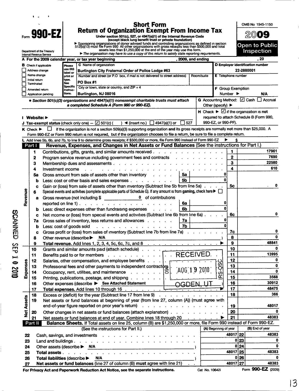 Image of first page of 2009 Form 990EO for Fraternal Order of Police - 63 Burlington City Lodge