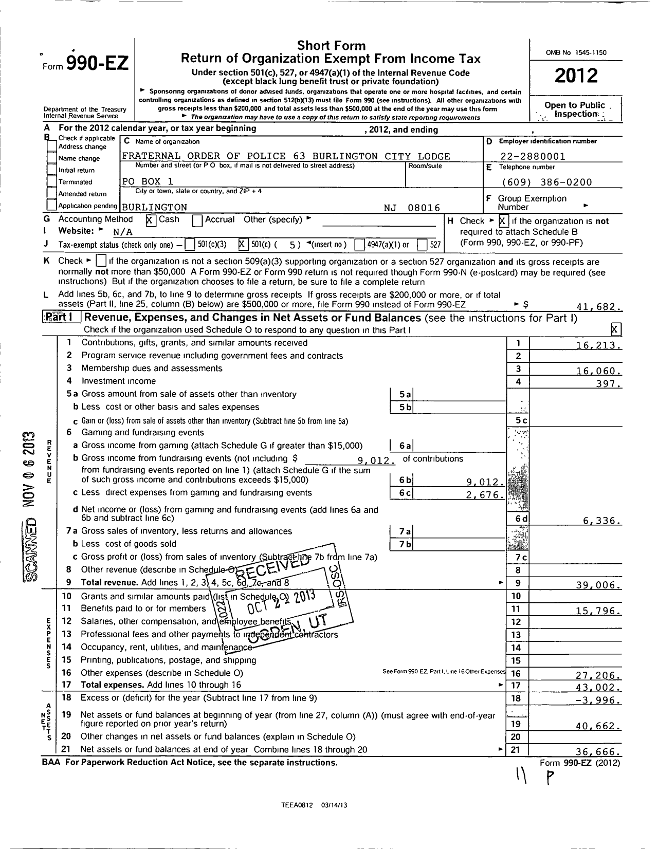 Image of first page of 2012 Form 990EO for Fraternal Order of Police - 63 Burlington City Lodge