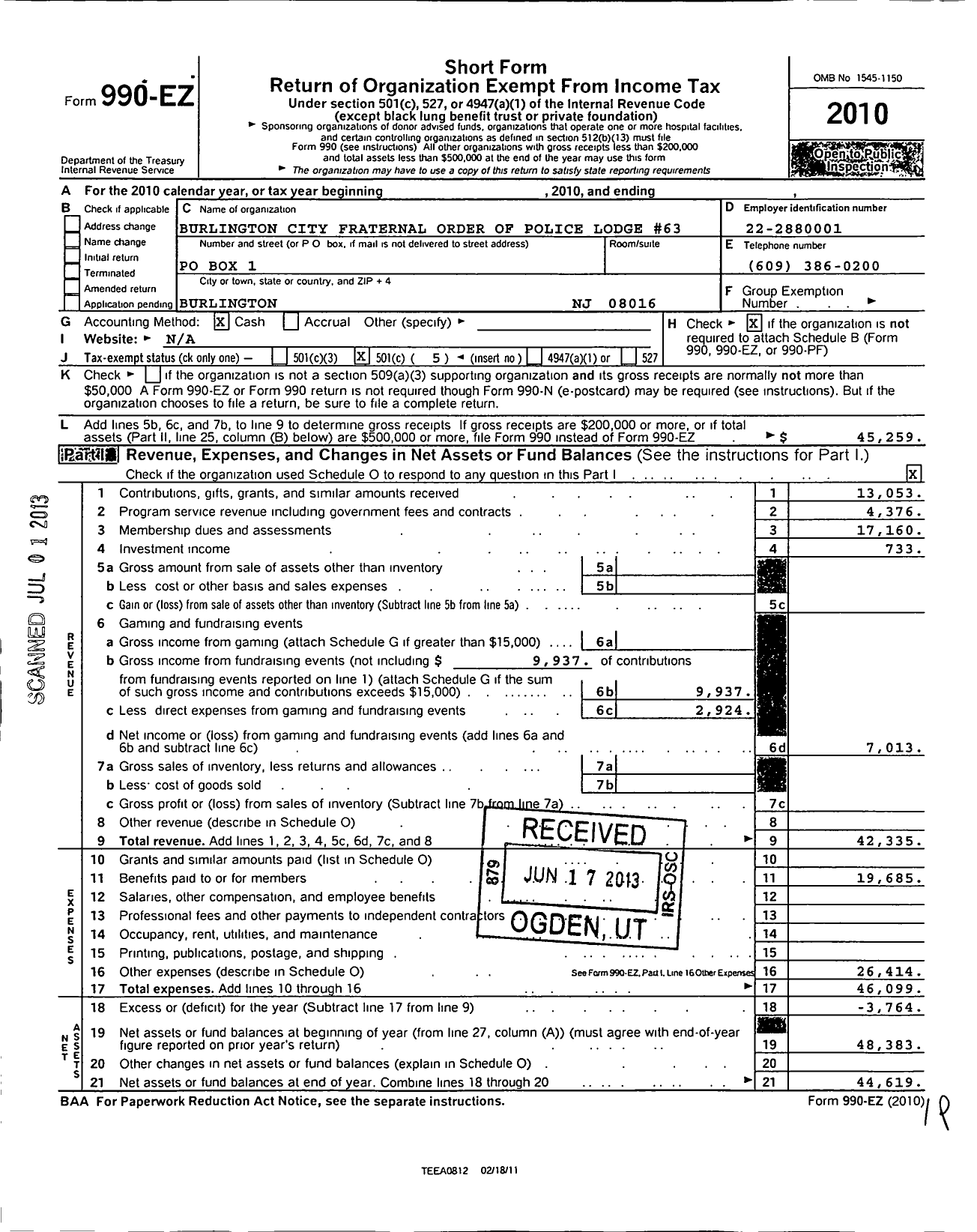 Image of first page of 2010 Form 990EO for Fraternal Order of Police - 63 Burlington City Lodge