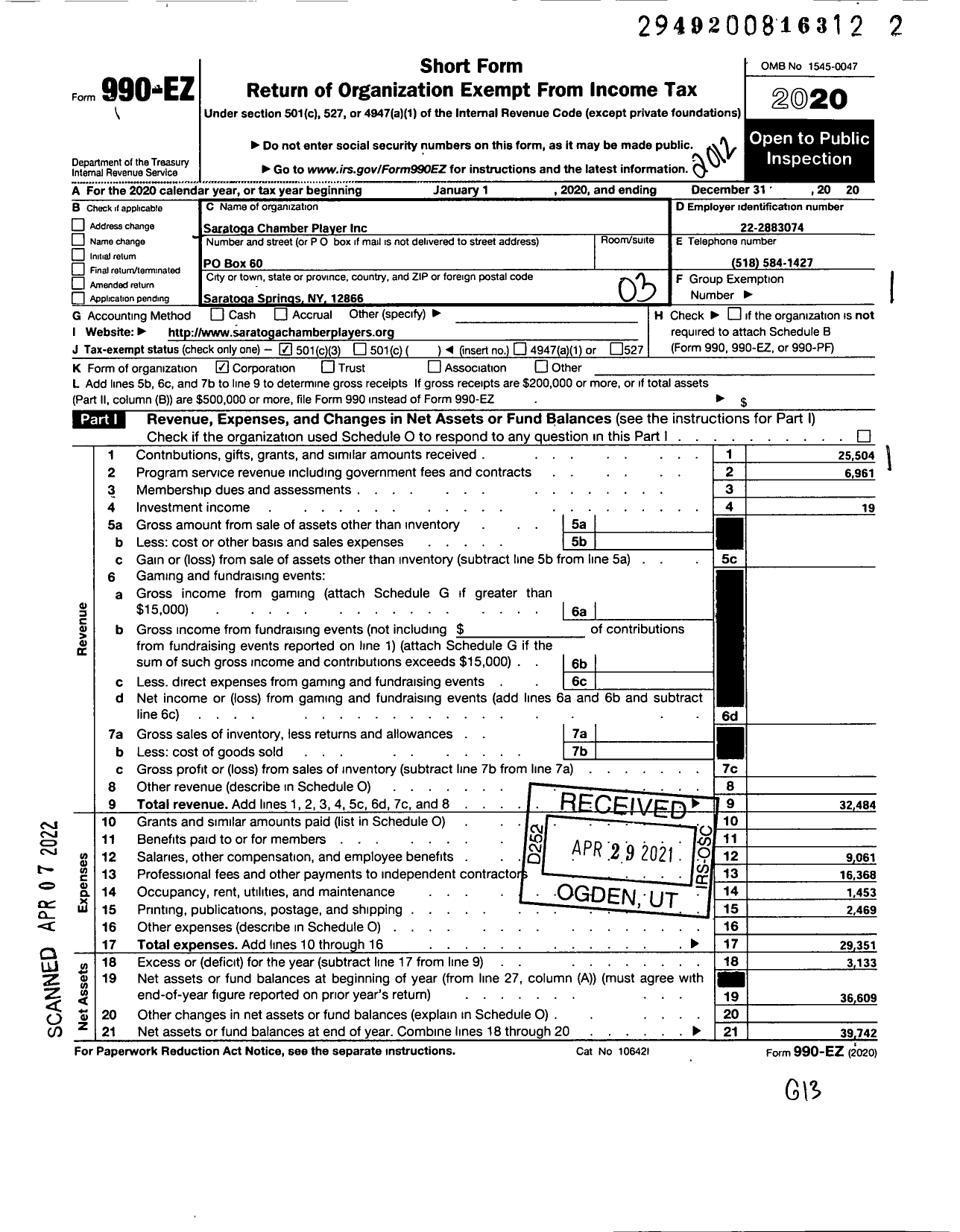 Image of first page of 2020 Form 990EZ for Saratoga Chamber Players