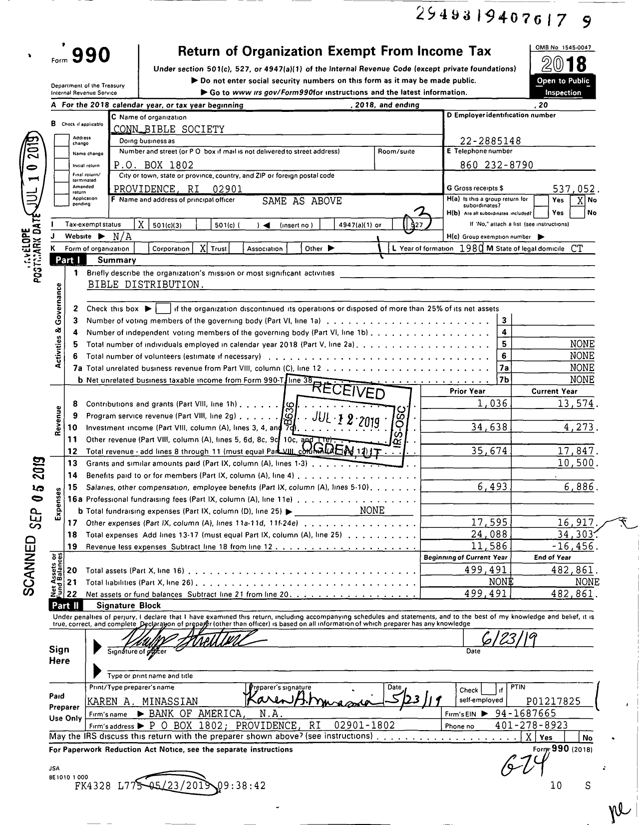 Image of first page of 2018 Form 990 for Conn Bible Society