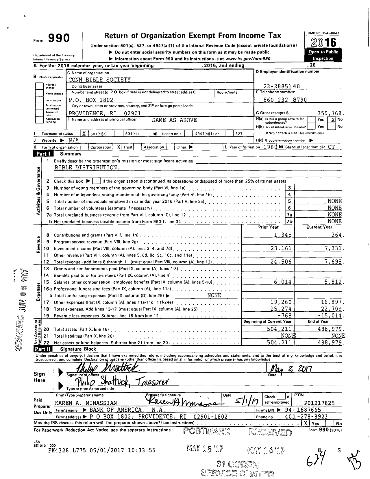 Image of first page of 2016 Form 990 for Conn Bible Society