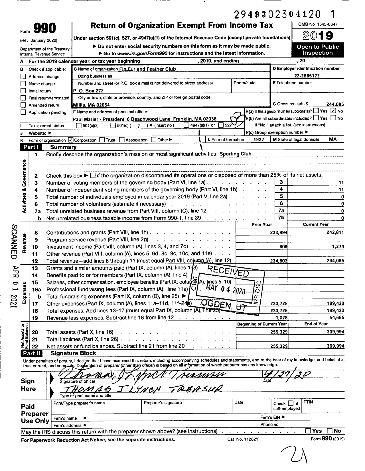 Image of first page of 2019 Form 990 for Fin Fur and Feather Club