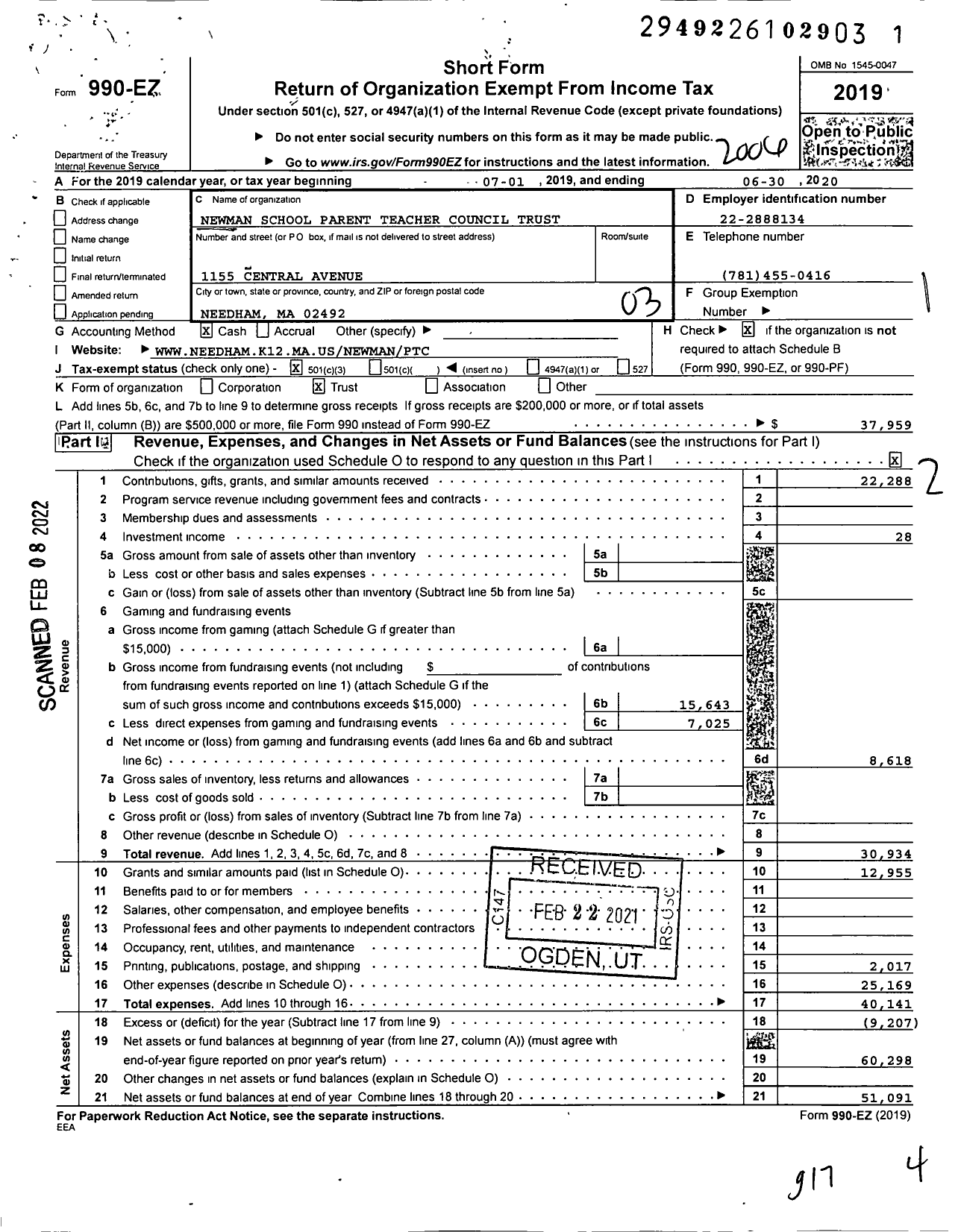 Image of first page of 2019 Form 990EZ for Newman School Parent Teacher Council Trust