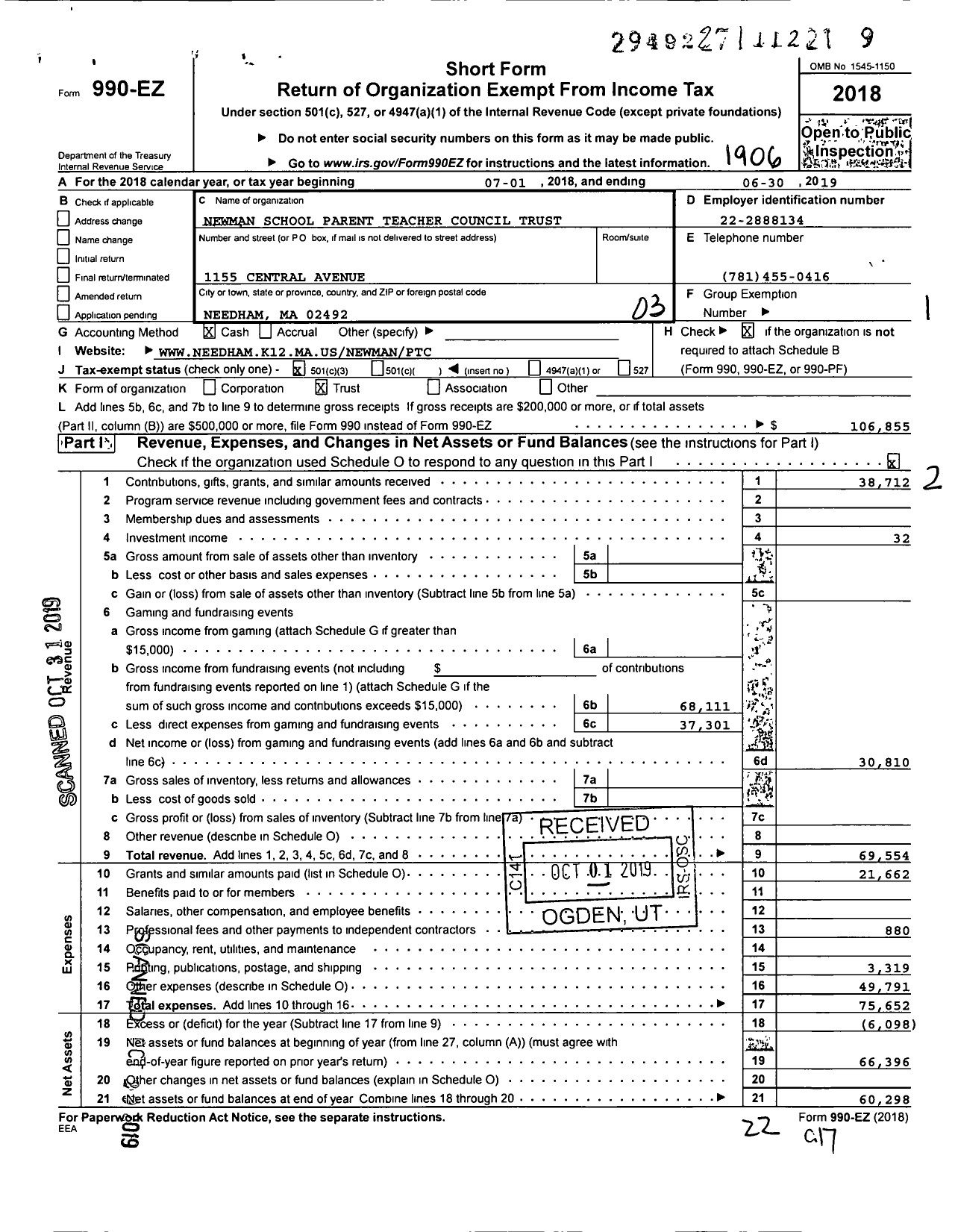 Image of first page of 2018 Form 990EZ for Newman School Parent Teacher Council Trust