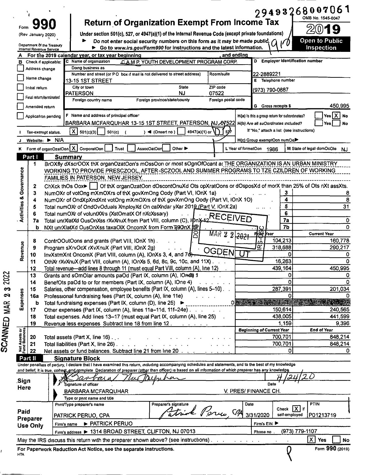 Image of first page of 2019 Form 990 for Camp Youth Development Program Corporation