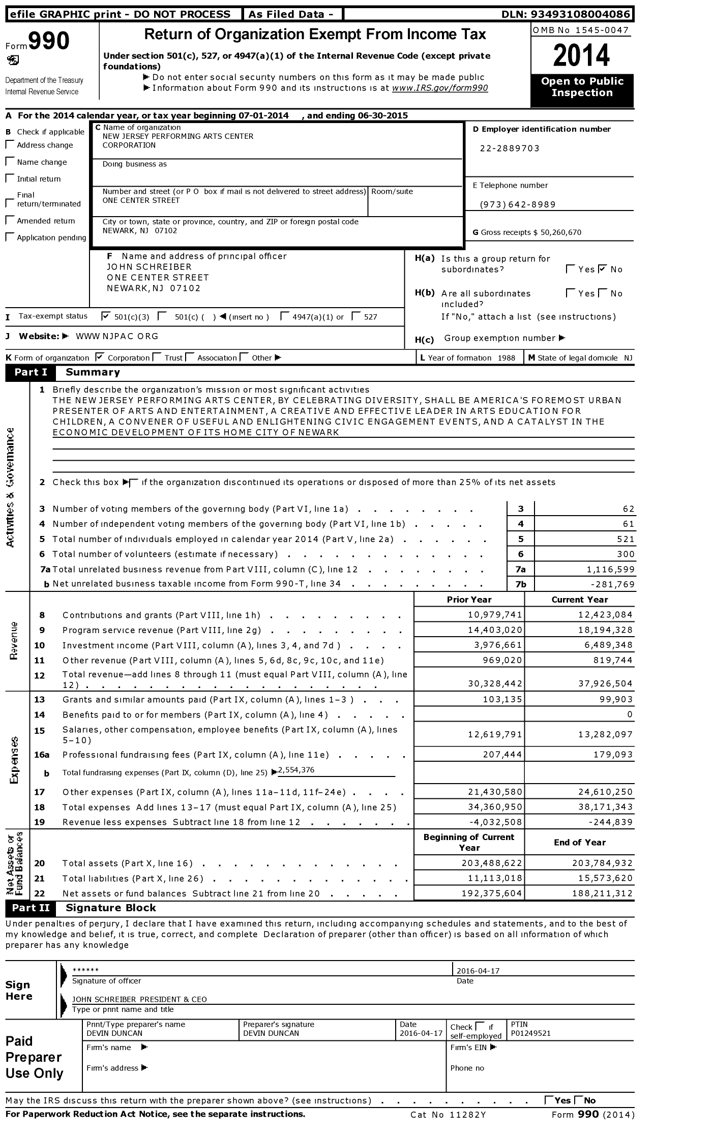 Image of first page of 2014 Form 990 for New Jersey Performing Arts Center Corporation