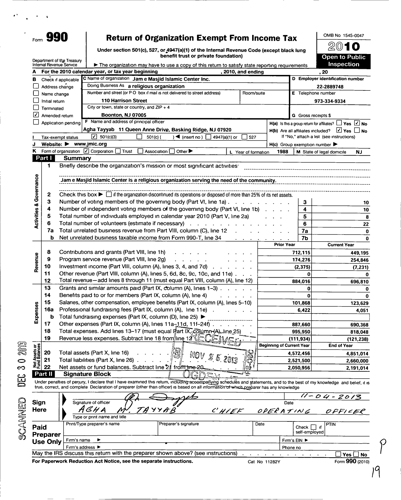 Image of first page of 2010 Form 990 for Jam E Masjid Islamic Center