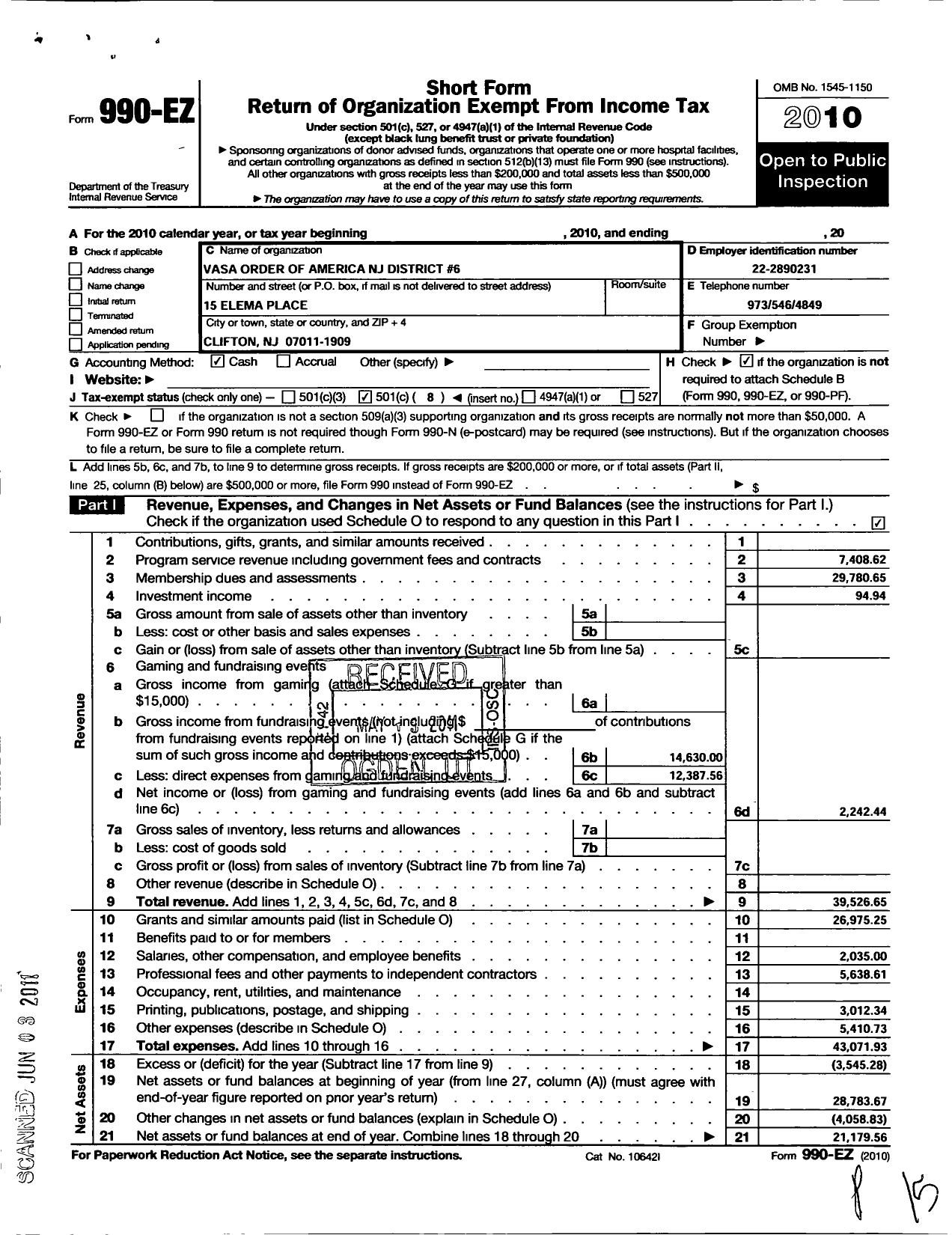 Image of first page of 2010 Form 990EO for Vasa Order of America - 6 New Jersey Dist